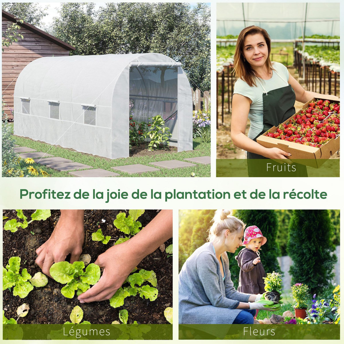 OUTSUNNY Serre de jardin tunnel surface sol 9 m² 4,5L x 2l x 2H m châssis tubulaire renforcé 18 mm 6 fenêtres blanc