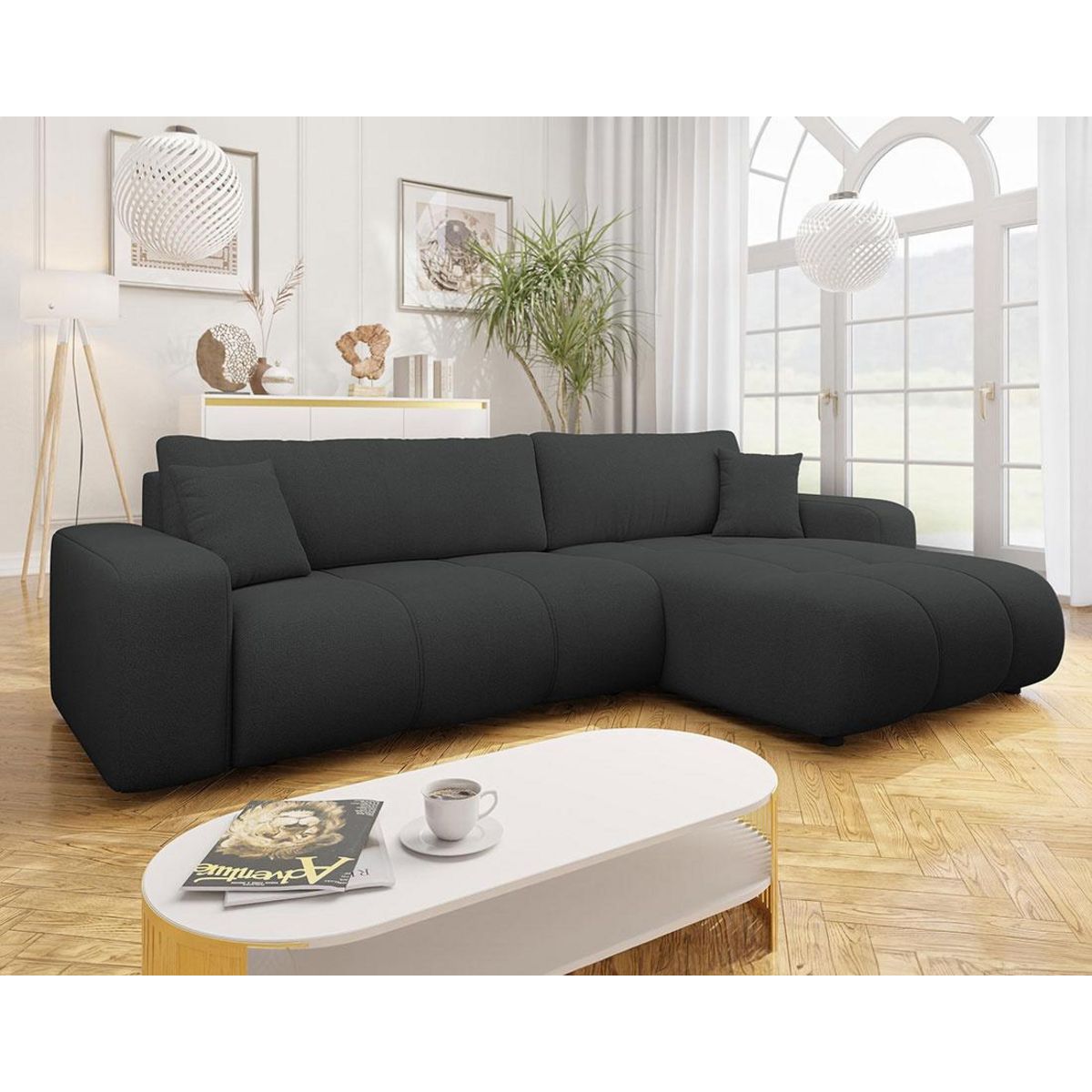 BEST MOBILIER Nicole - canapé d'angle réversible 5 places convertible avec coffre en tissu