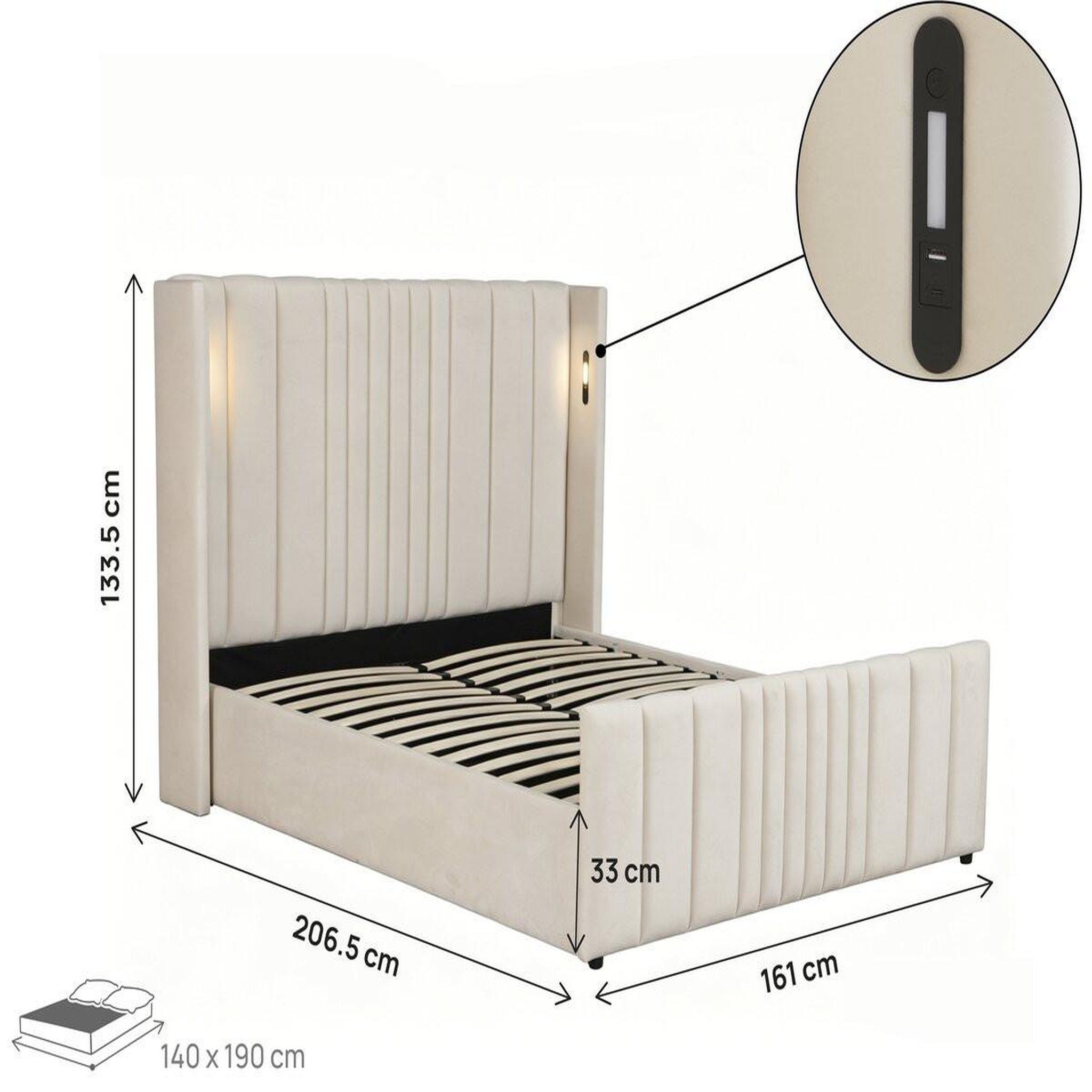 Voir la diapositive 4 : Habitat et Jardin Lit double avec coffre en tissu et lampes intégrés  verbier  - 140 x 190 cm - beige