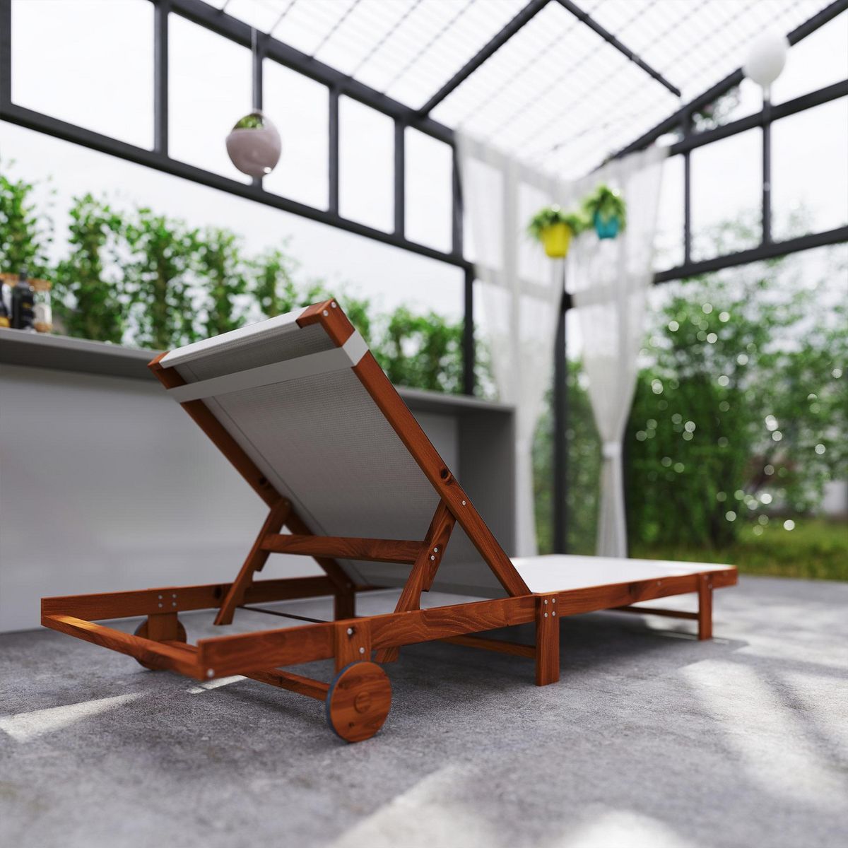 OUTSUNNY Bain de soleil style exotique bois avec 2 roues - inclinable, tétière - textilène blanc