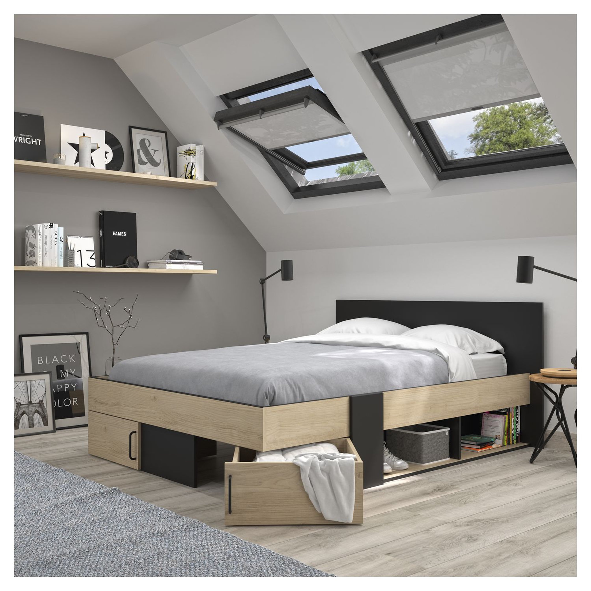 Lit double avec rangement style industriel 140x190cm LEXIS