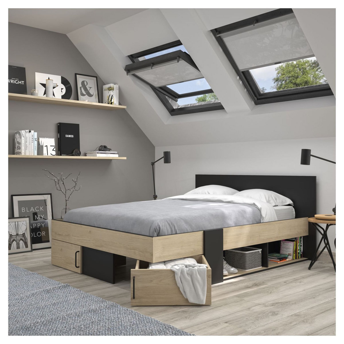 Lit double avec rangement style industriel 140x190cm LEXIS