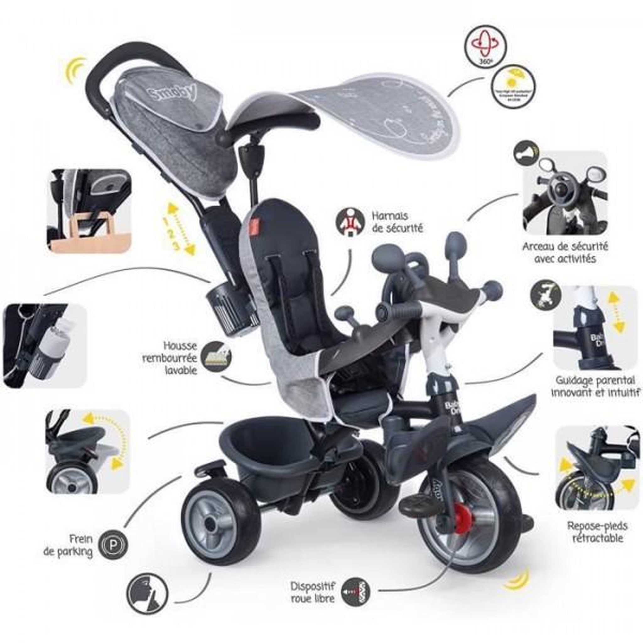Voir la diapositive 4 : SMOBY SMOBY Tricycle enfant évolutif Baby Driver Plus - Structure métal - Gris