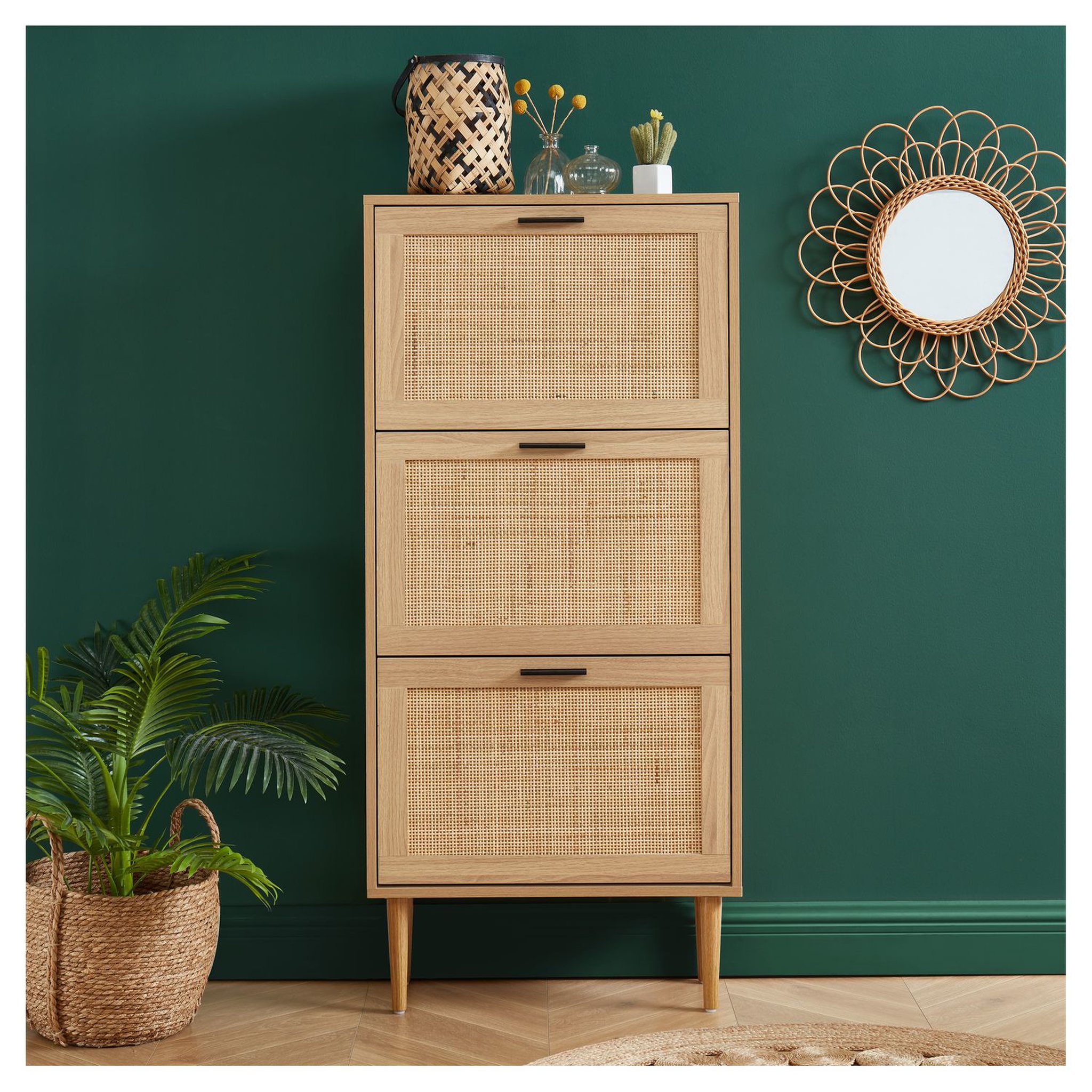 Voir la diapositive 1 : Meuble À Chaussures Cannage Et Décor Bois 3 Portes - L60 cm AMANDINE