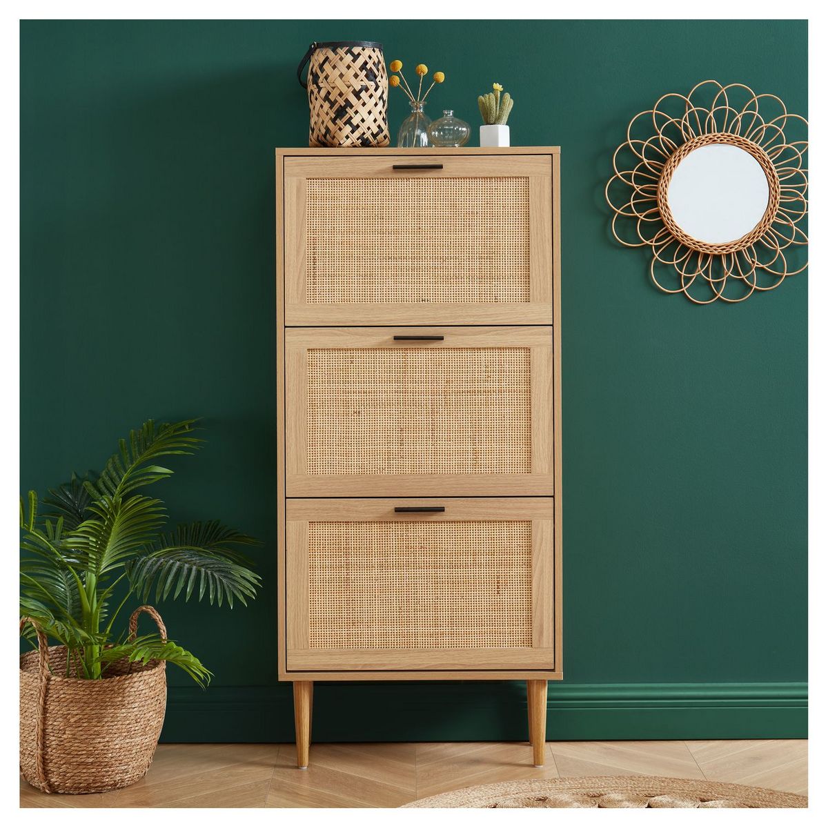 Meuble À Chaussures Cannage Et Décor Bois 3 Portes - L60 cm AMANDINE