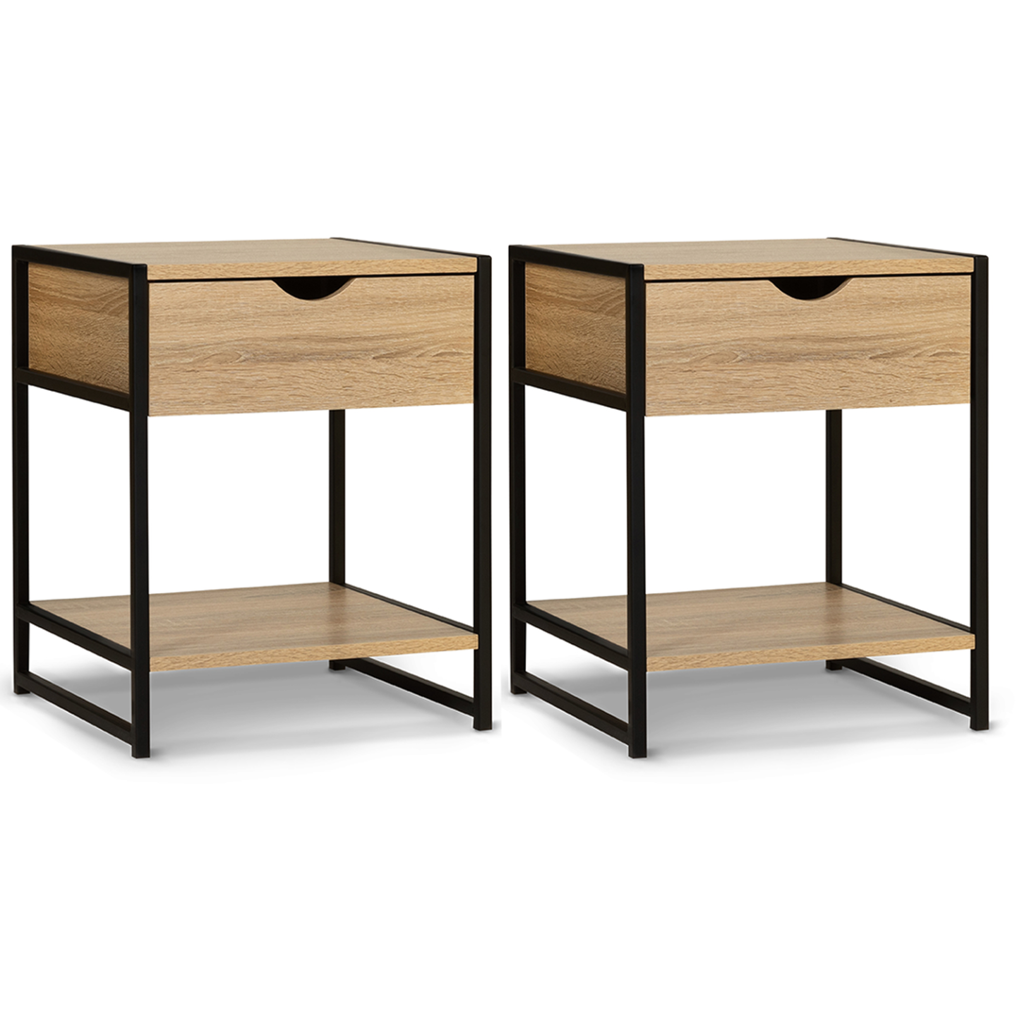 ID MARKET Lot de 2 tables de chevet detroit 1 tiroir avec tablette bois et métal noir design industriel