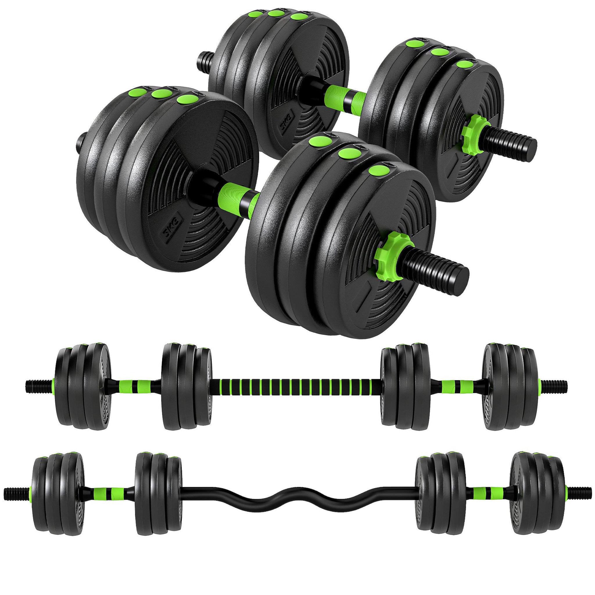 Voir la diapositive 5 : HOMCOM Ensemble d'haltères musculation multifonction 3 en 1 - haltères, olympic barre, curl ez barre - total 20kg - pvc vert noir