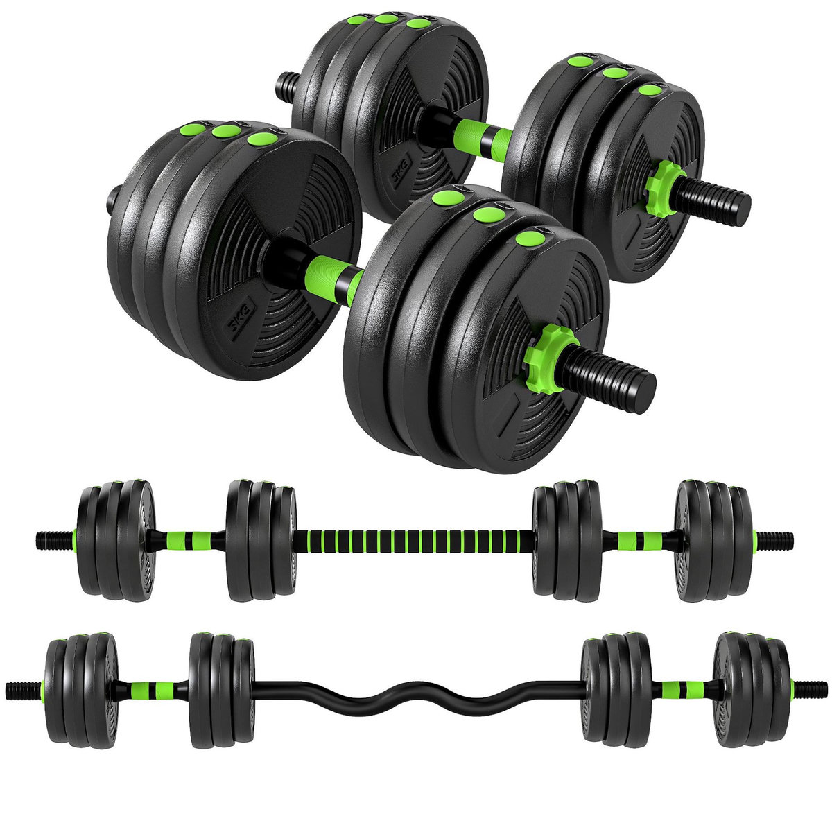 HOMCOM Ensemble d'haltères musculation multifonction 3 en 1 - haltères, Olympic barre, Curl EZ barre - total 20Kg - PVC vert noir