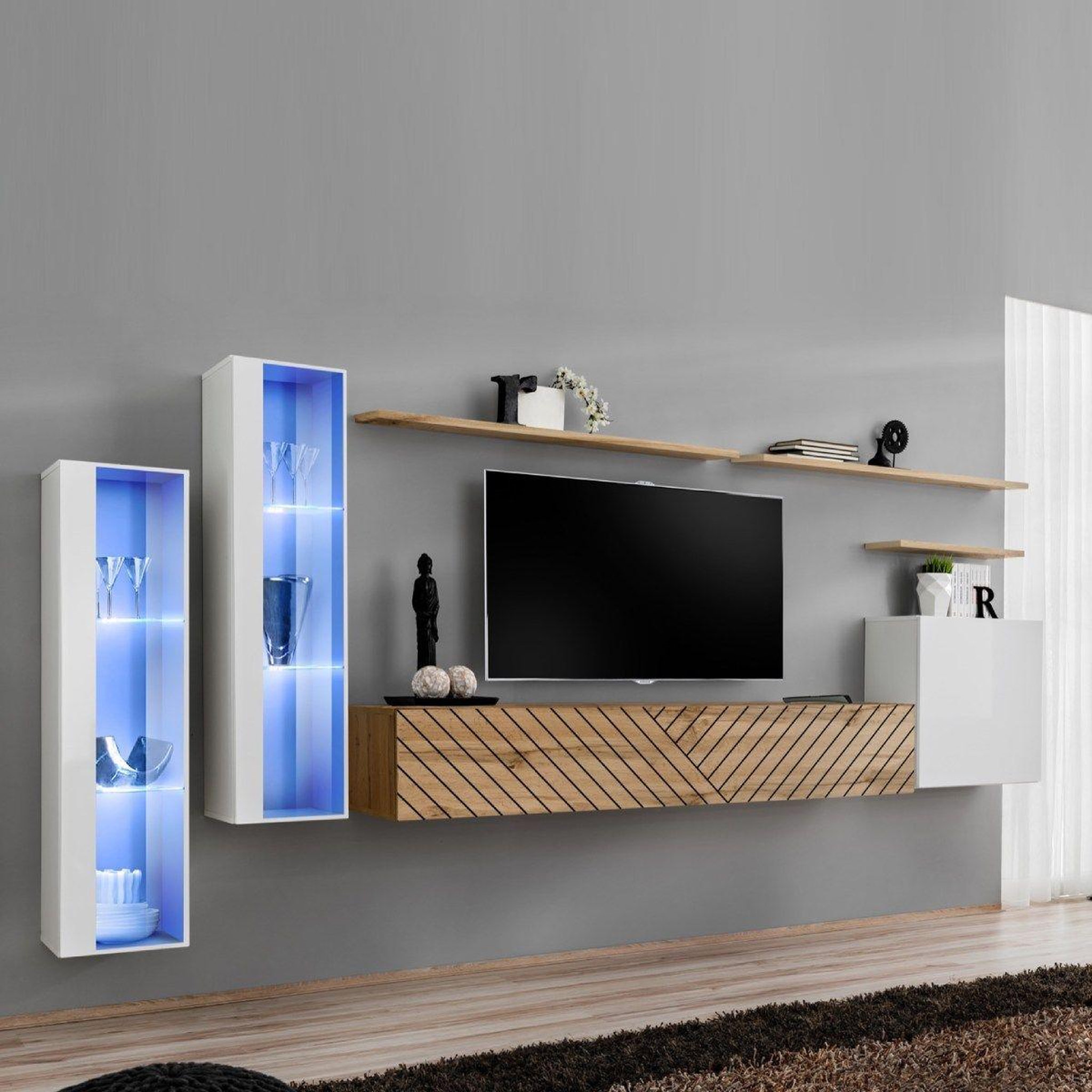 Paris Prix Ensemble meuble tv  switch lamel xi  330cm naturel & blanc