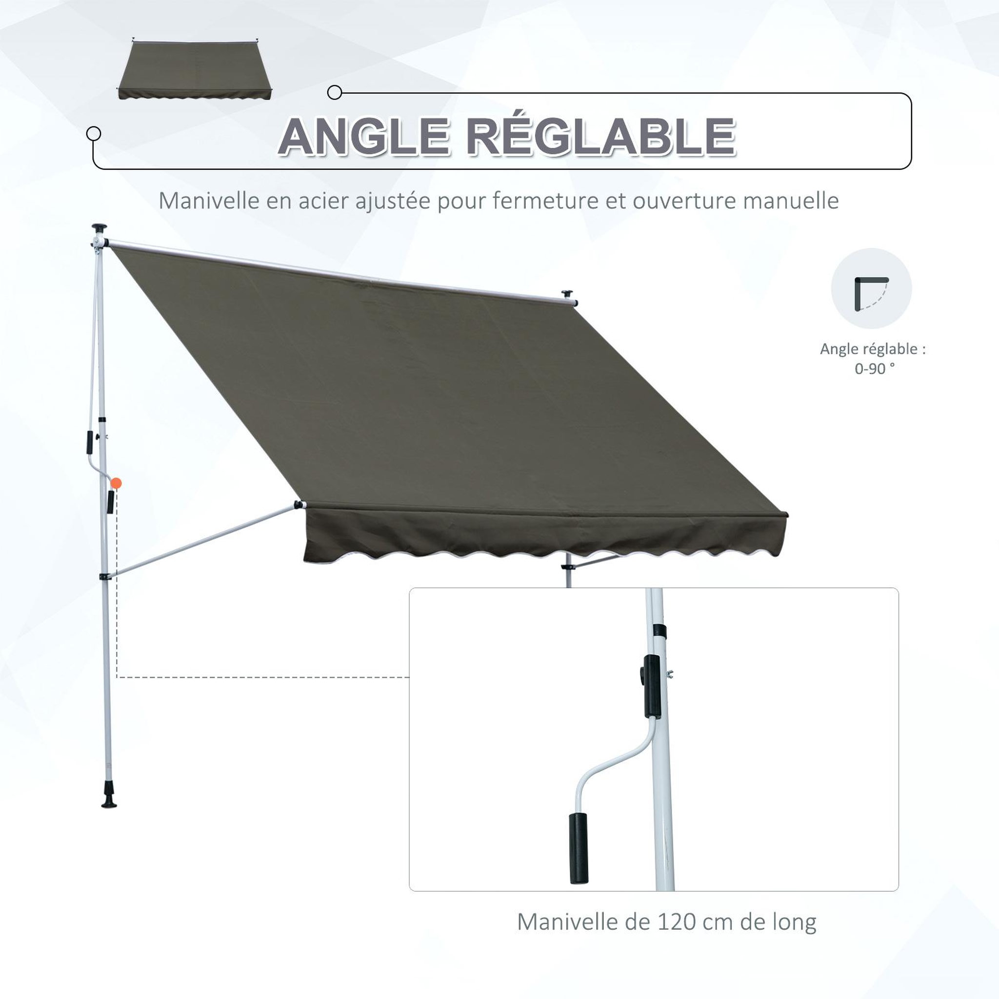 Voir la diapositive 6 : OUTSUNNY Store banne manuel rétractable 3L x 1,5l m inclinaison et hauteur réglable installation rapide métal alu polyester anti-UV gris