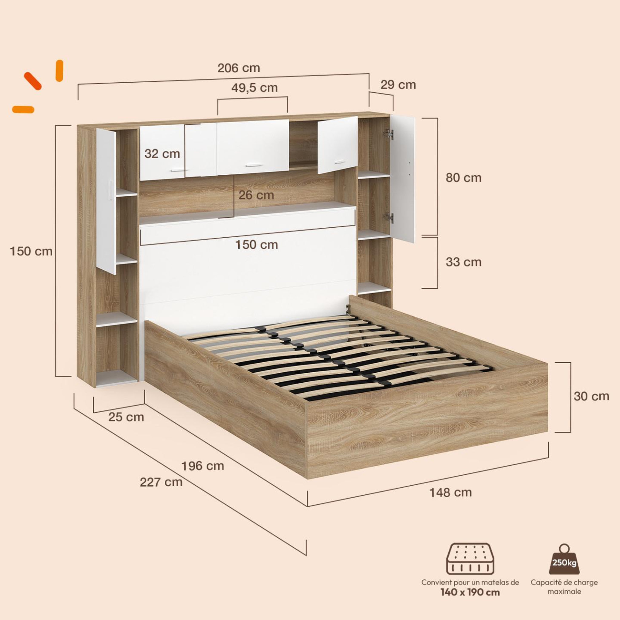 Voir la diapositive 5 : ID MARKET Lit pont coffre double bridget armoire avec rangements et sommier 140 x 190 cm bois et blanc
