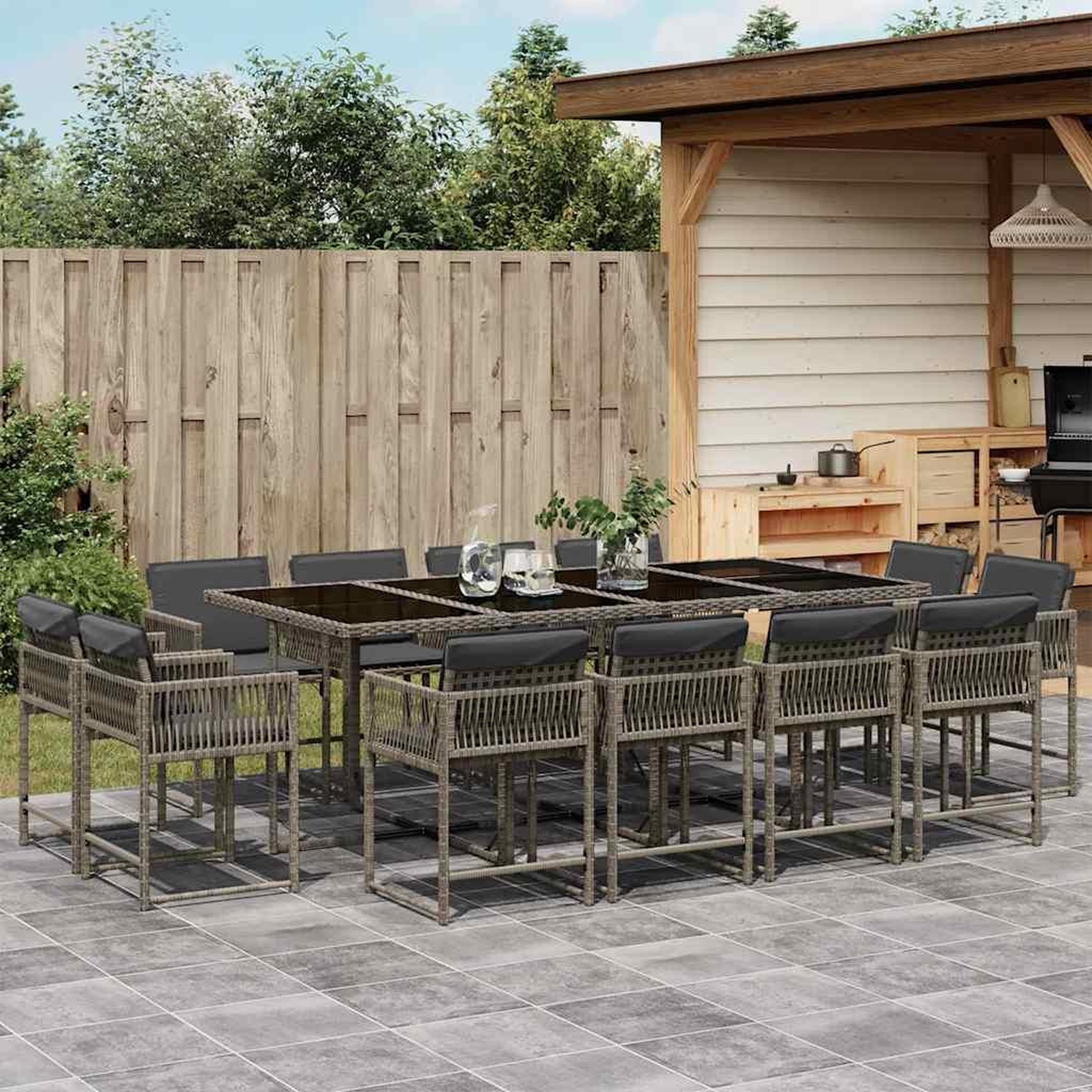 VIDAXL Ensemble a manger de jardin coussins 13 pcs gris resine tressee