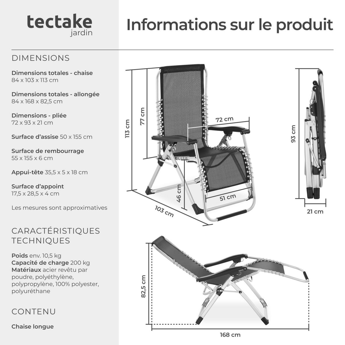 tectake Chaise longue Pliable noir