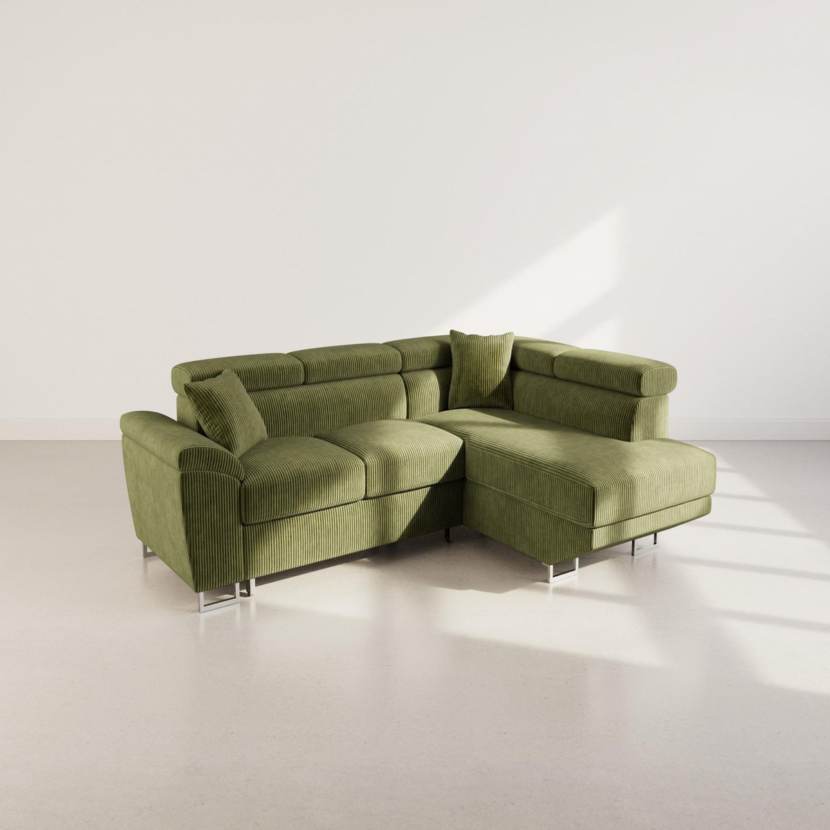 BEST MOBILIER Baoji - canapé d'angle droit 5 places convertible avec têtières et coffre en velours côtelé