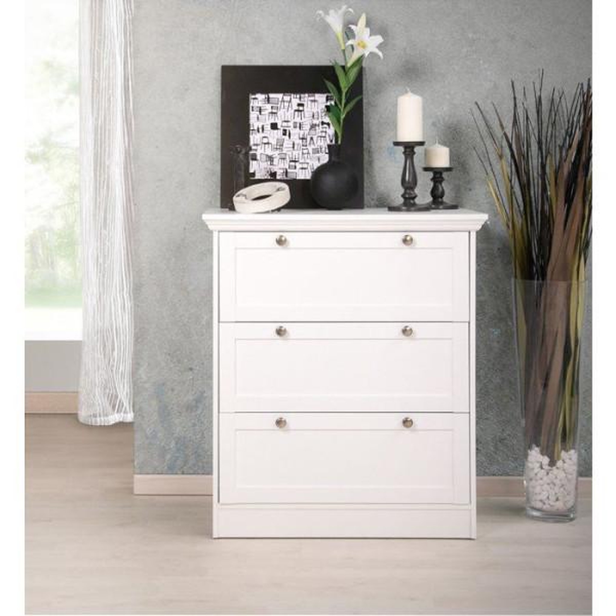 Voir la diapositive 2 : MARKET24 Commode LANDWOOD 3 Tiroirs - Décor blanc - Style campagne - L80 x P45 x H90 cm