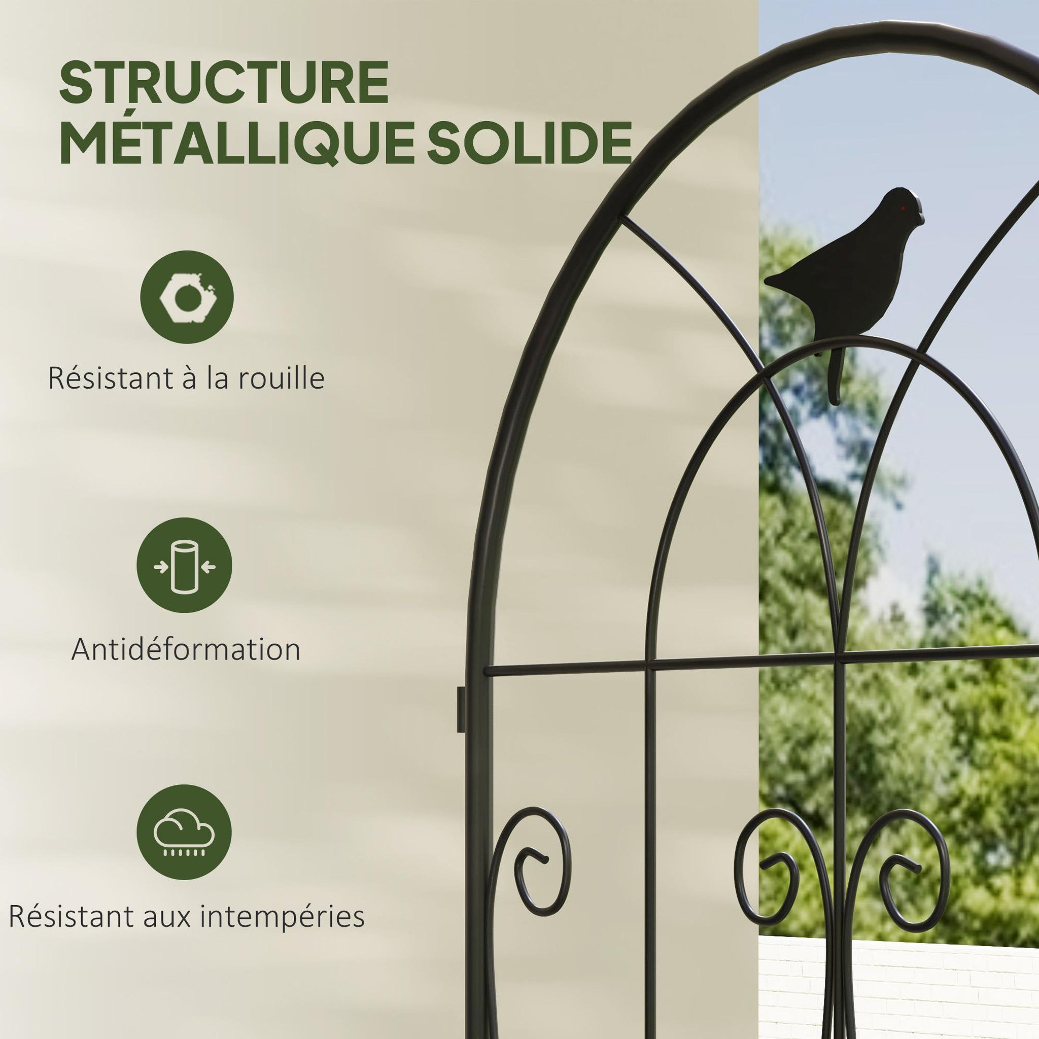 Voir la diapositive 6 : OUTSUNNY Treillis de jardin effet fer forgé oiseau - 2 supports plantes grimpantes - 50 x 180 cm - métal époxy noir