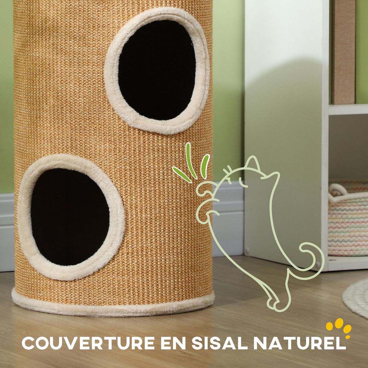 PAWHUT Arbre à chat cylindrique - tour à griffer pour chat - tonneau griffoir - 2 niches + plateforme - sisal peluche beige