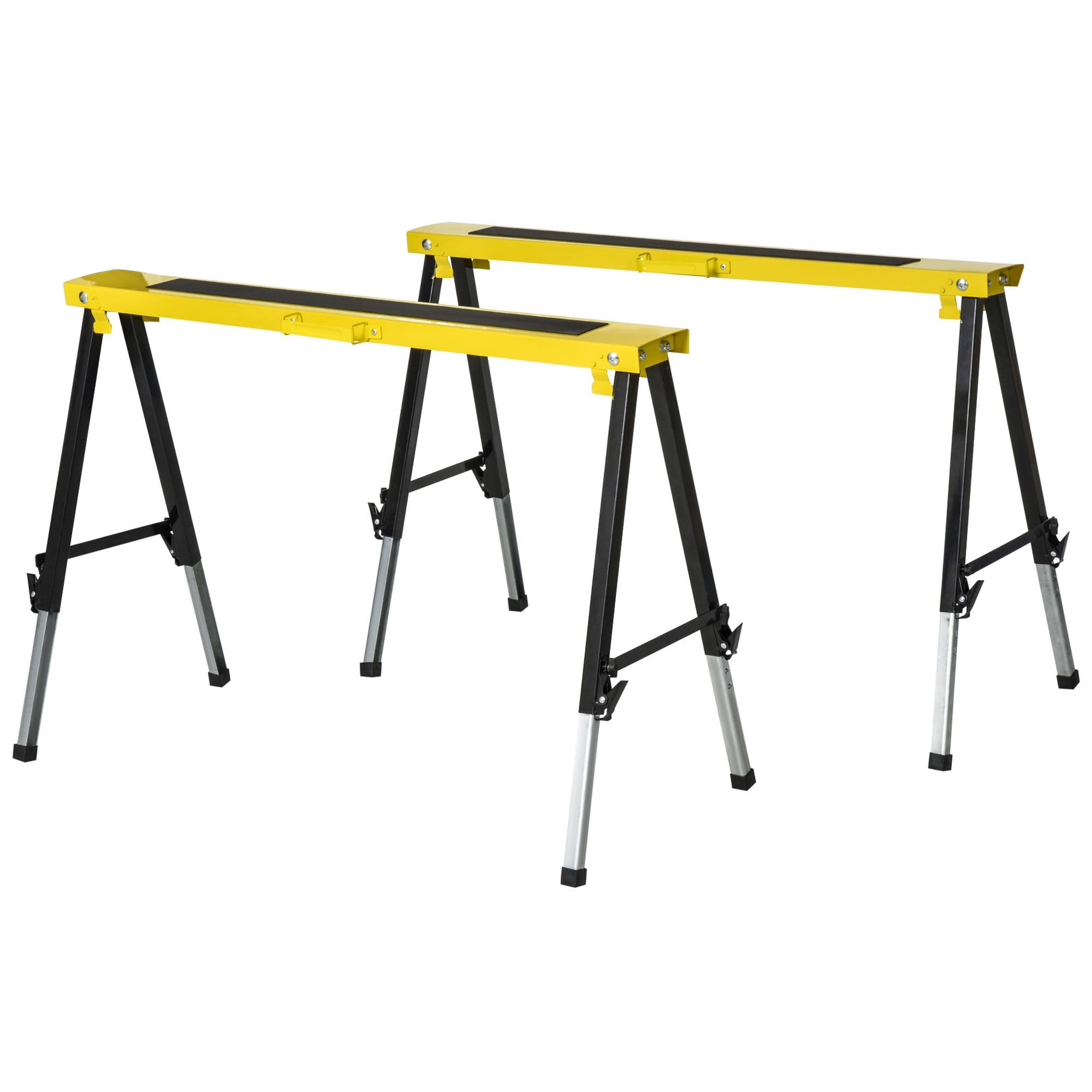 HOMCOM Lot de 2 tréteaux pliables telescopiques poignée transport dim. 100L x 49l x 62-89,5H cm surface antidérapante métal noir jaune