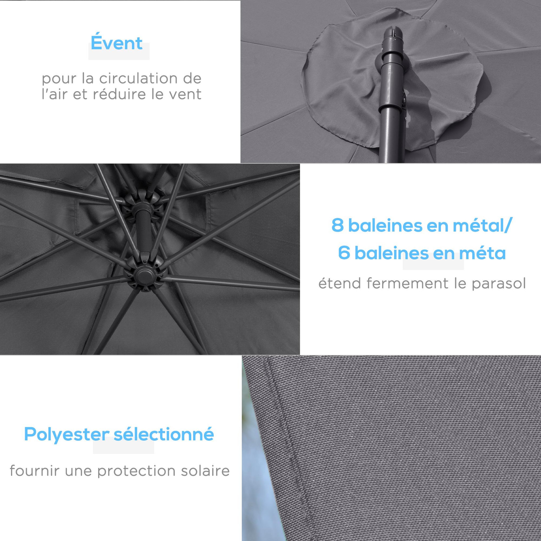 Voir la diapositive 6 : OUTSUNNY Parasol déporté octogonal rabattable dia. 3 m parasol de jardin avec pied en croix gris