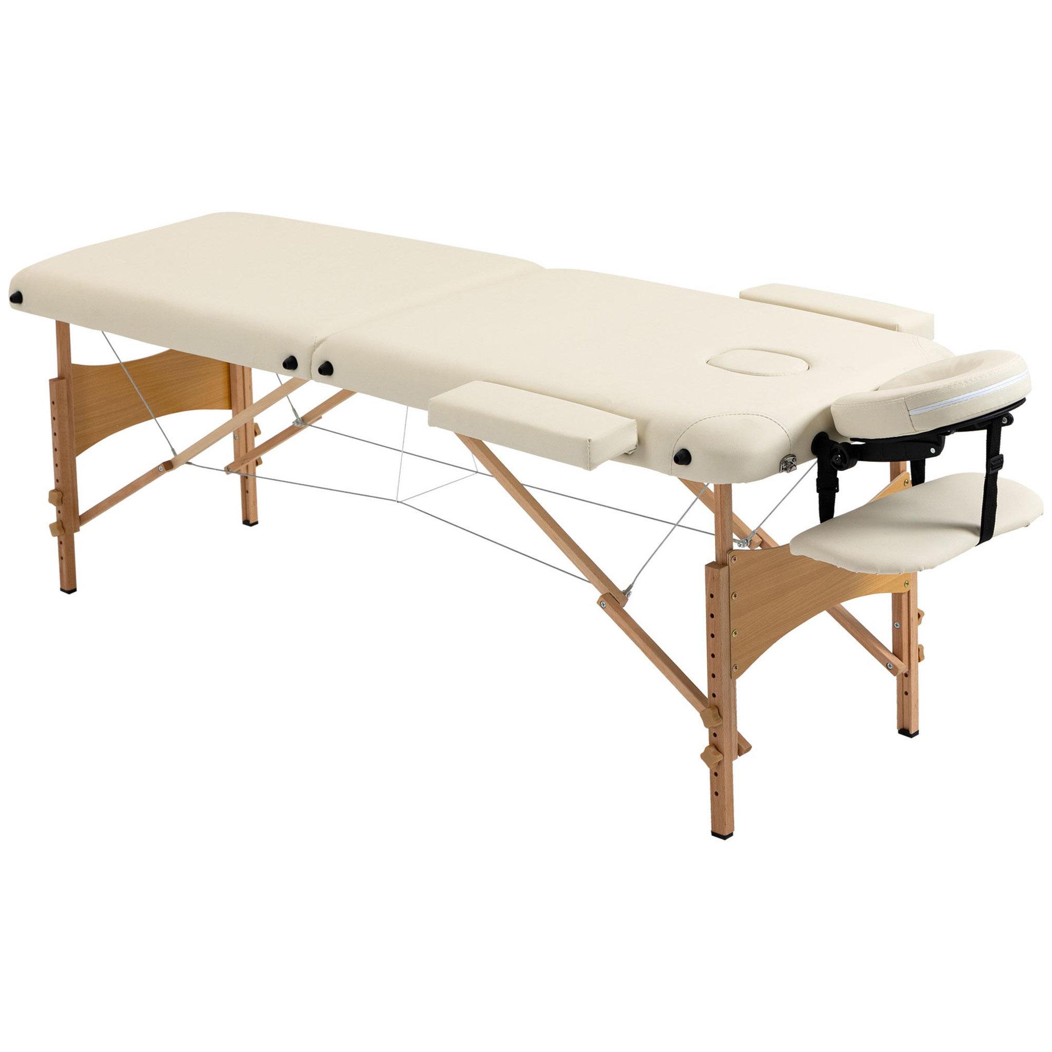 Voir la diapositive 1 : HOMCOM Table de massage pliante lit table de beauté 2 zones portable sac de tranport inclus hauteur réglable dim. 182L x 60l x 61-87H cm bois massif revêtement synthétique crème