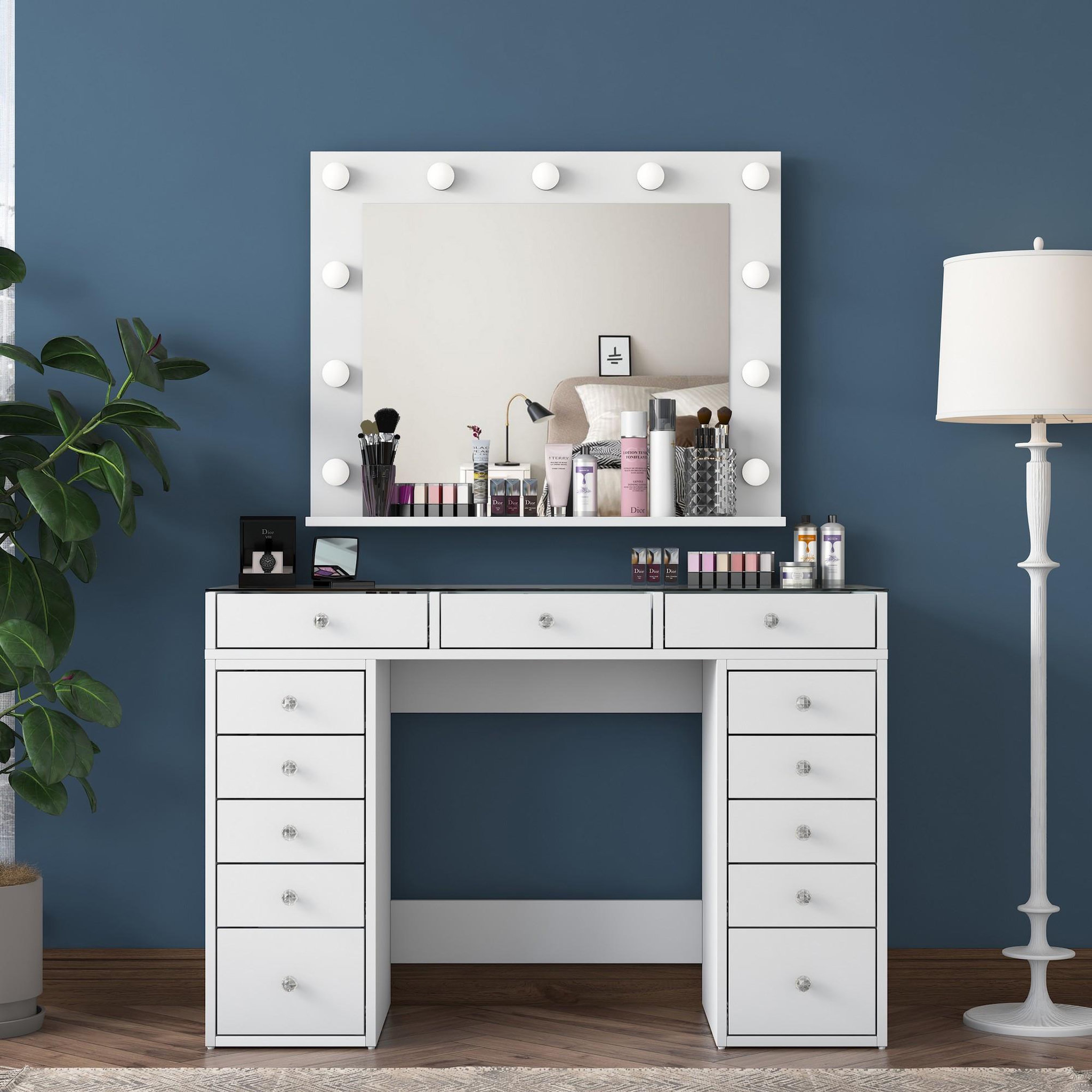 Voir la diapositive 4 : Habitat et Jardin Coiffeuse avec miroir en bois  baria  - 120 x 44 x 80 cm - blanc
