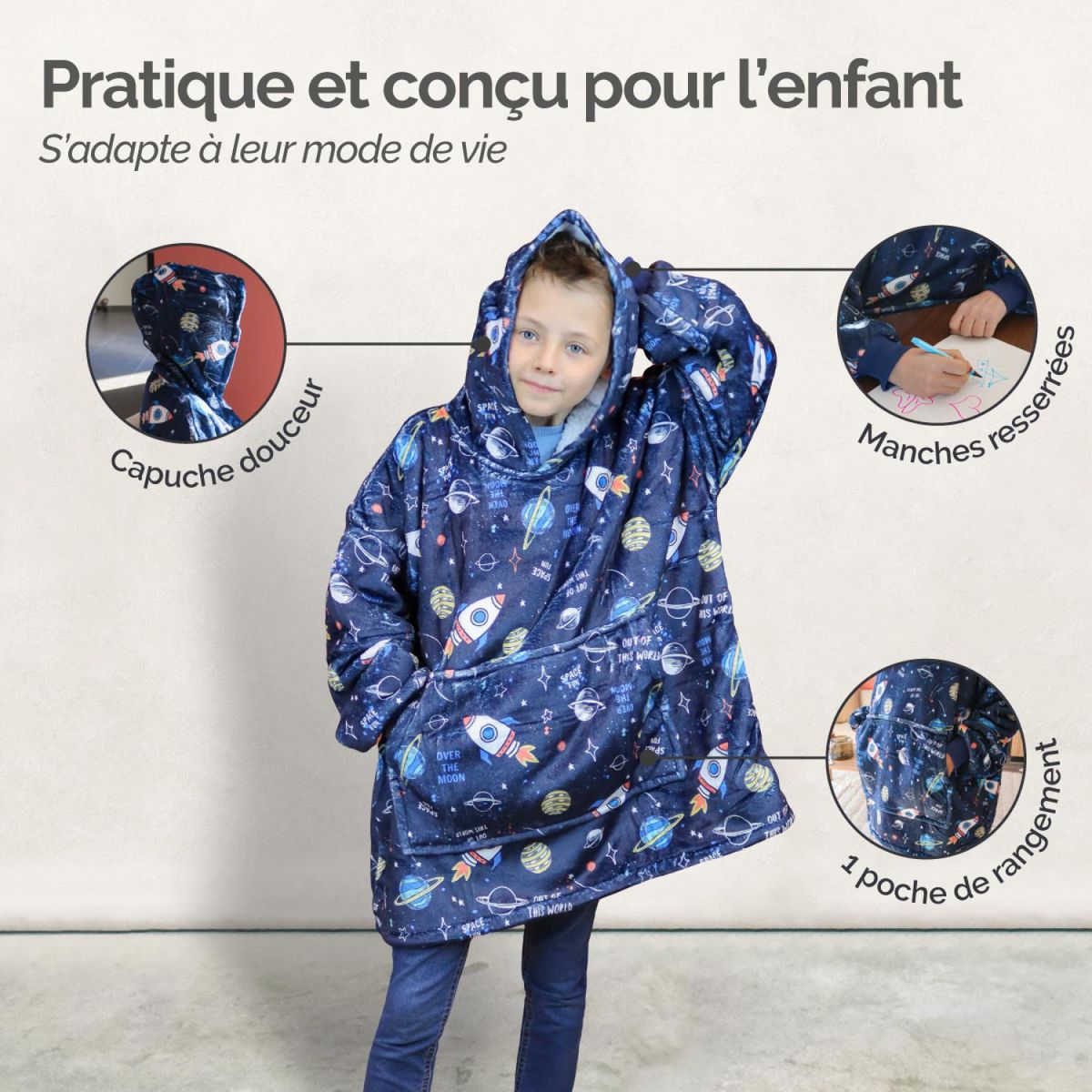 VIVEZEN Sweat à capuche, plaid, couverture, pull - Sherpa et flanelle - Enfant - Espace