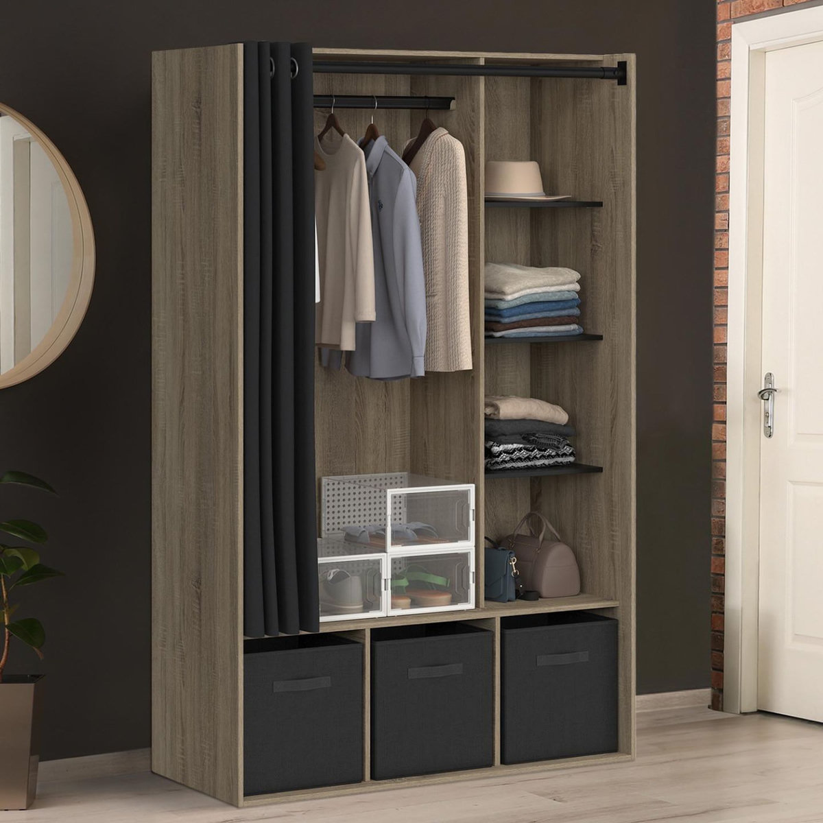 ID MARKET Dressing penderie DIANE 105 x 45 x 167 cm hêtre avec étagères + boites de rangement + rideau noir