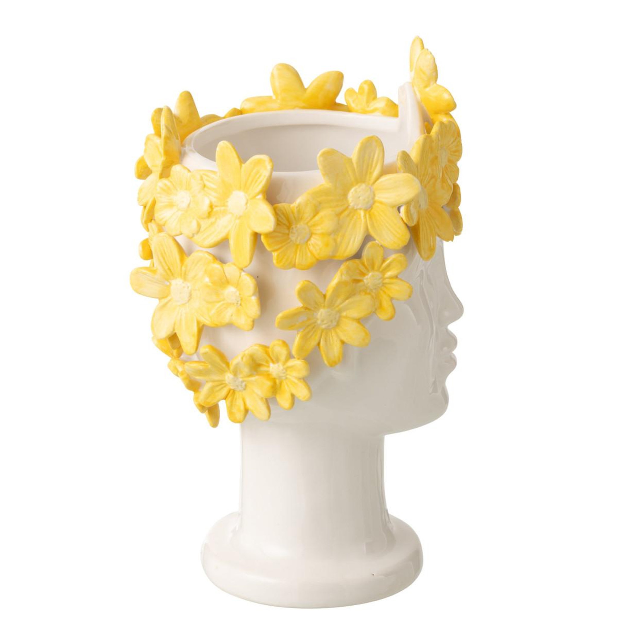 Voir la diapositive 2 : J-LINE Cache-pot visage fleuri  dame  24cm blanc & jaune