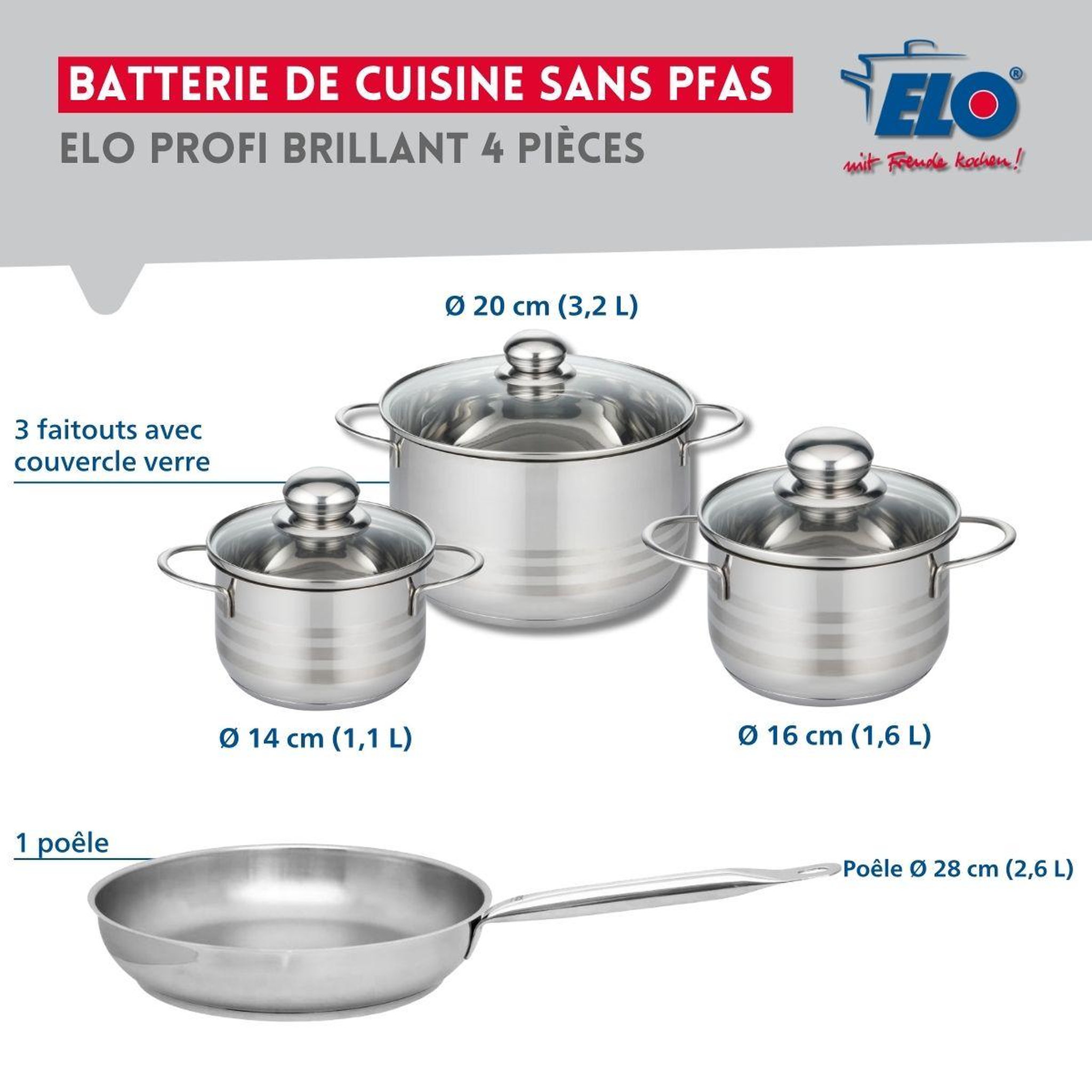 Voir la diapositive 2 : ELO Ensemble de 1 Poêle de cuisson 28 cm et 3 faitouts 14, 16 et 20 cm Elo Profi Brillant