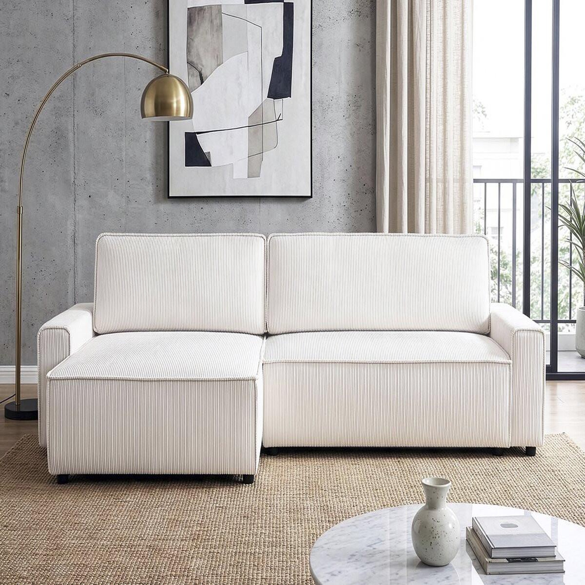 Voir la diapositive 4 : Habitat et Jardin Canapé d'angle convertible et reversible en velours côtelé  montaigne  - 3 places  - beige