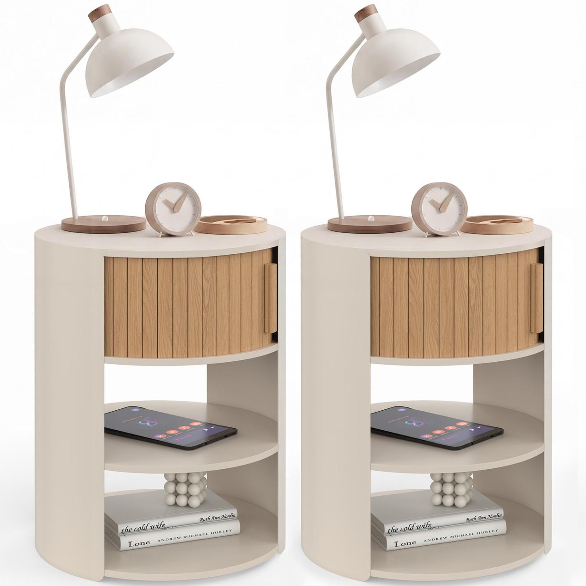 ID MARKET Lot de 2 tables de chevet rondes tono beige avec 1 porte coulissante effet lattes table d'appoint
