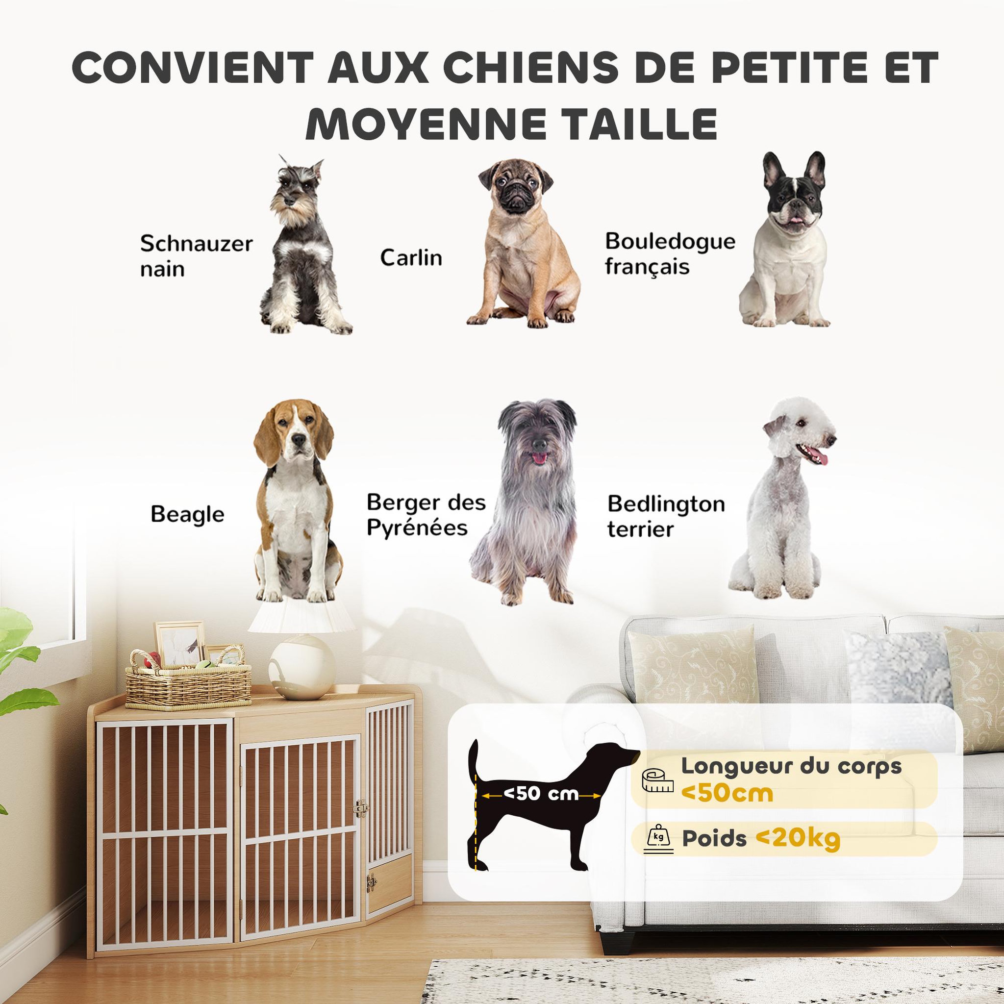 Voir la diapositive 5 : PAWHUT Cage d'angle pour chien en bois clair dim. 113 x 80 x 64 cm porte entrée + porte rotative alimentation