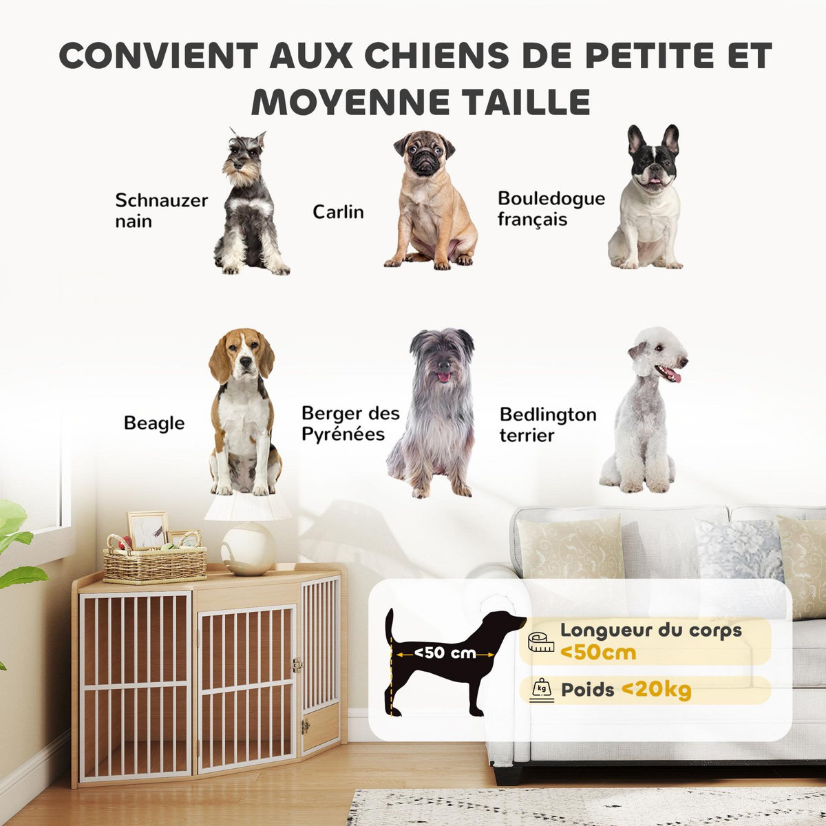PAWHUT Cage d'angle pour chien en bois clair dim. 113 x 80 x 64 cm porte entrée + porte rotative alimentation