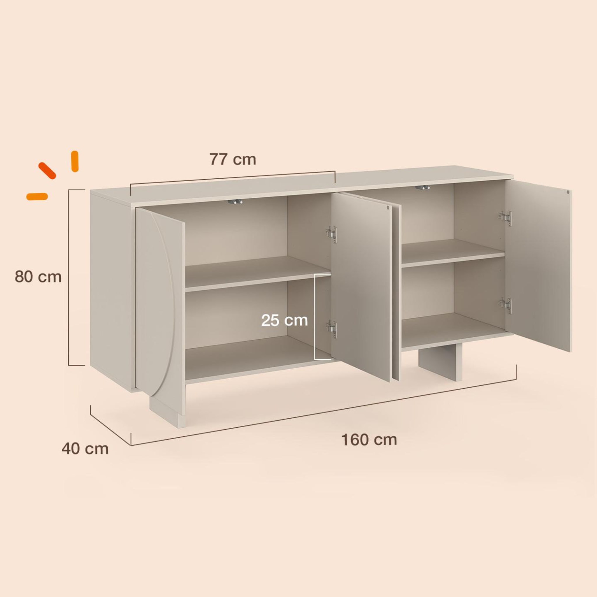 Voir la diapositive 5 : ID MARKET Buffet 160 cm ARVIN 4 portes avec reliefs arrondis bois coloris beige