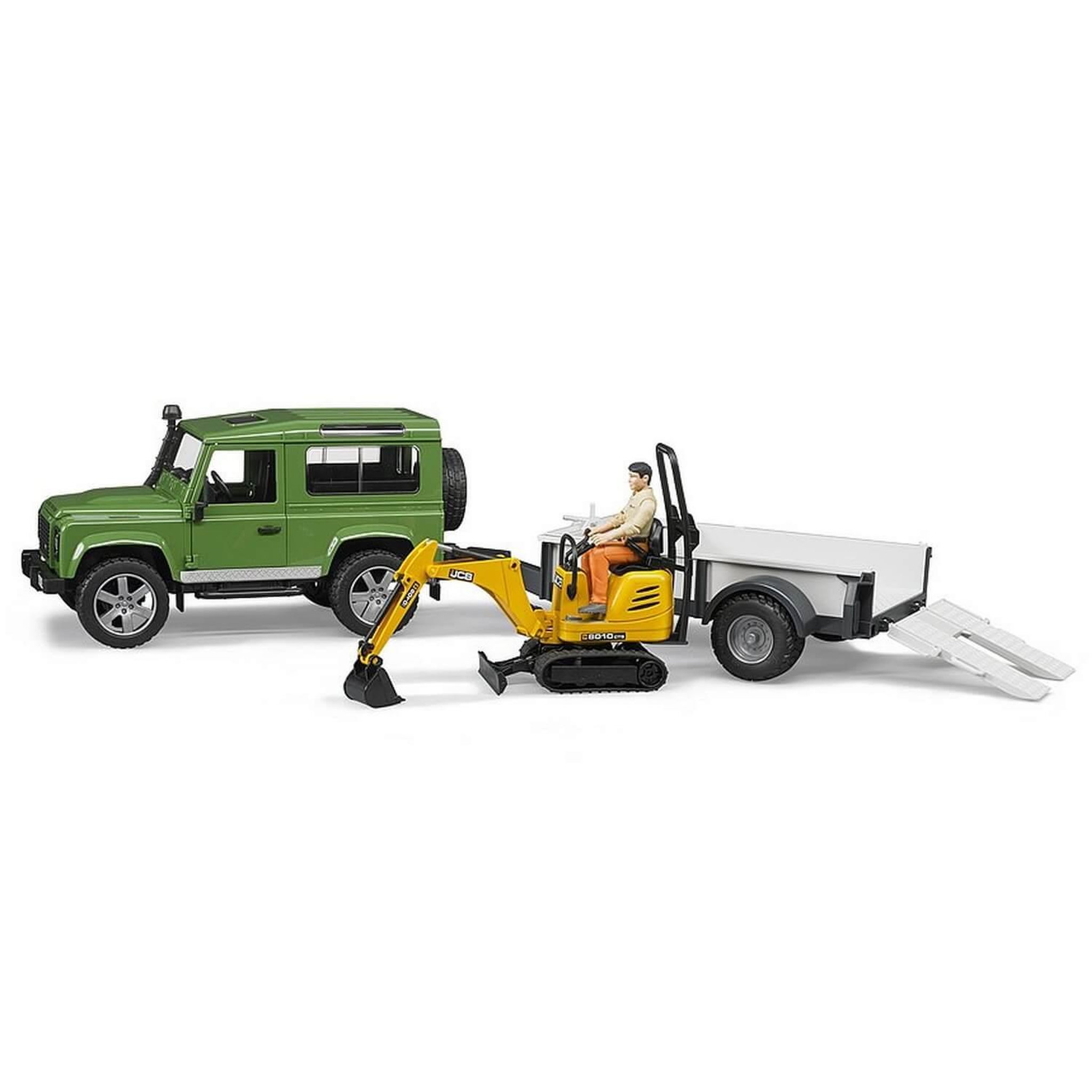 Bruder Land rover Defender avec remorque, JBC micro-pelleteuse et figurine