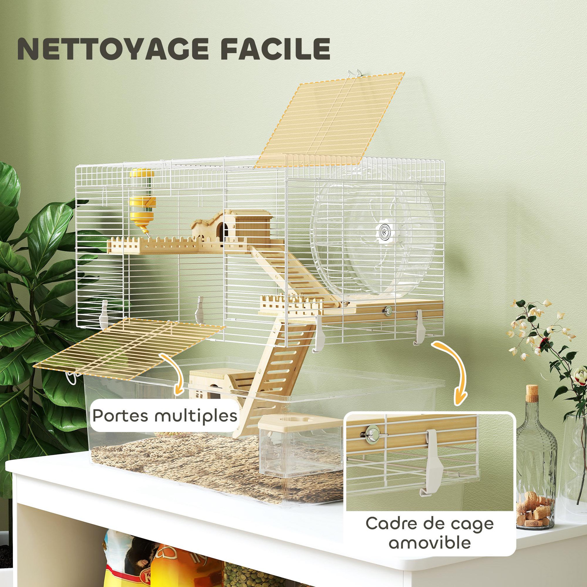 Voir la diapositive 6 : PAWHUT Cage à hamster à 3 niveaux avec roue d'exercice, plateau, 59 x 35,5 x 47 cm, blanc