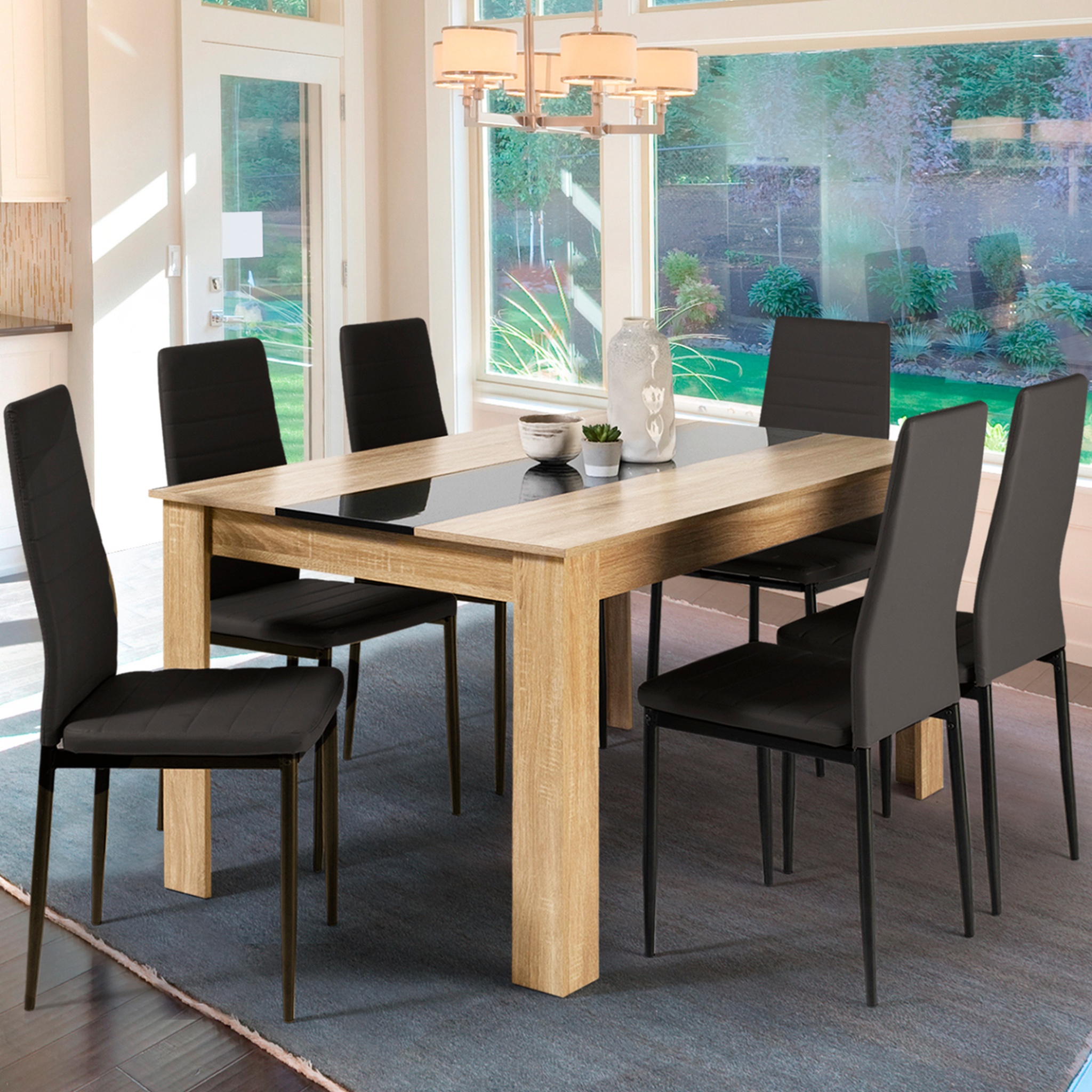 Voir la diapositive 2 : ID MARKET Ensemble table à manger georgia 140 cm imitation hêtre et noire et 6 chaises romane noires