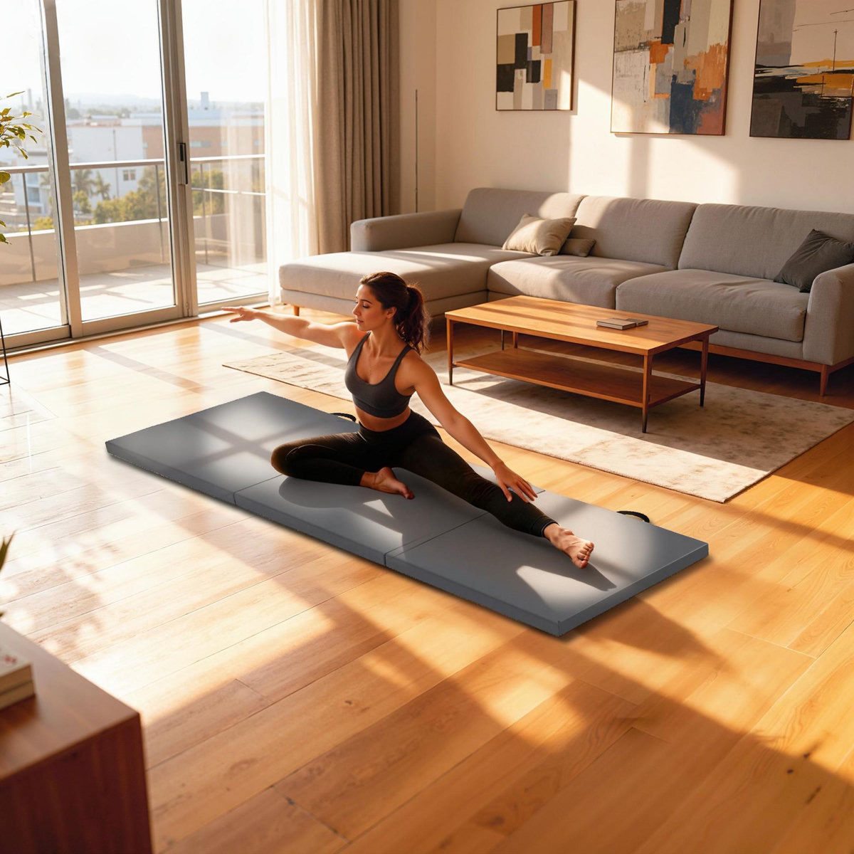 HOMCOM Tapis de sol gymnastique Fitness pliable portable rembourrage mousse 5 cm dim. 1,8L x 0,6l m revêtement synthétique gris
