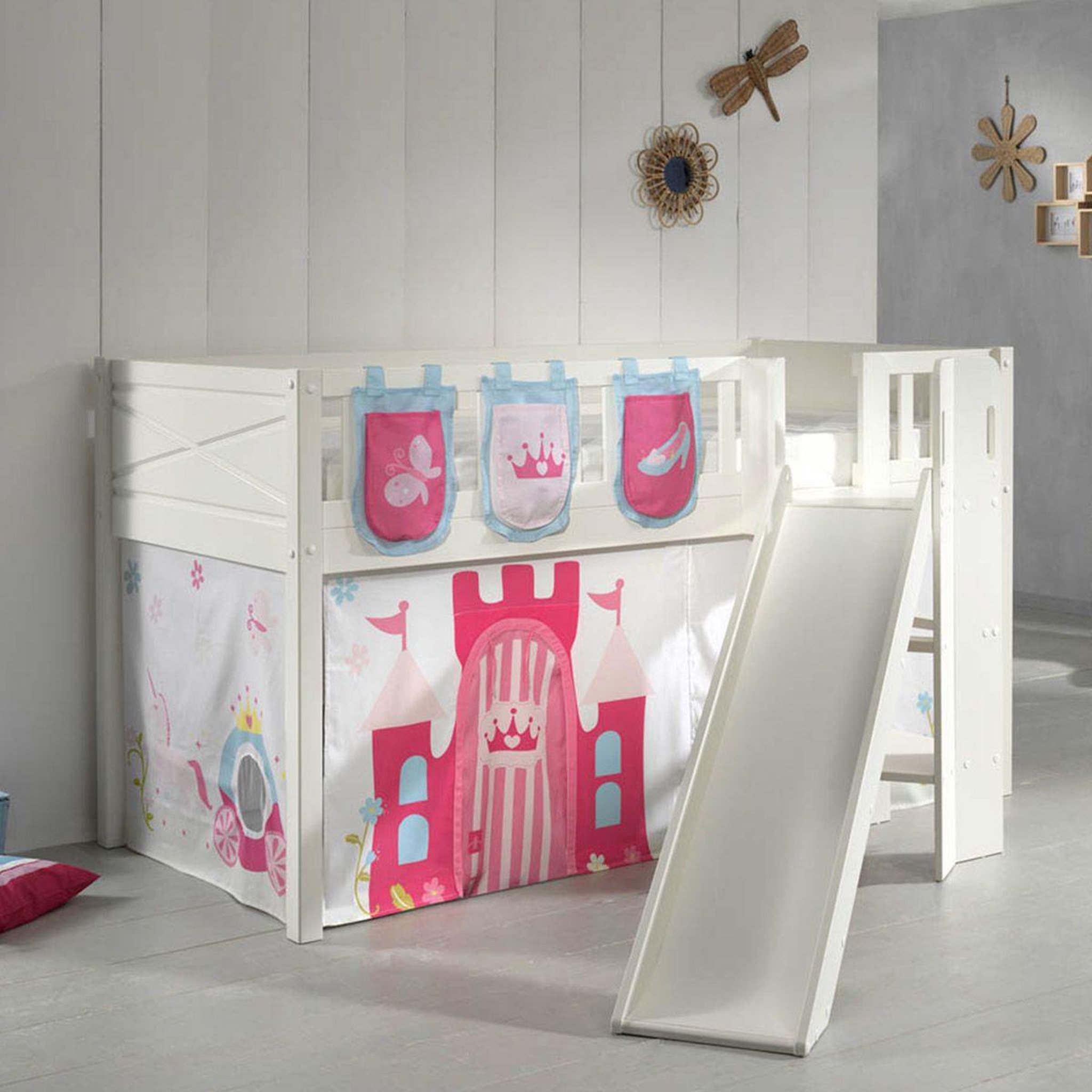 Voir la diapositive 6 : Paris Prix Lit enfant toboggan, tente & 3 pochettes  scott princesse  90x200cm blanc