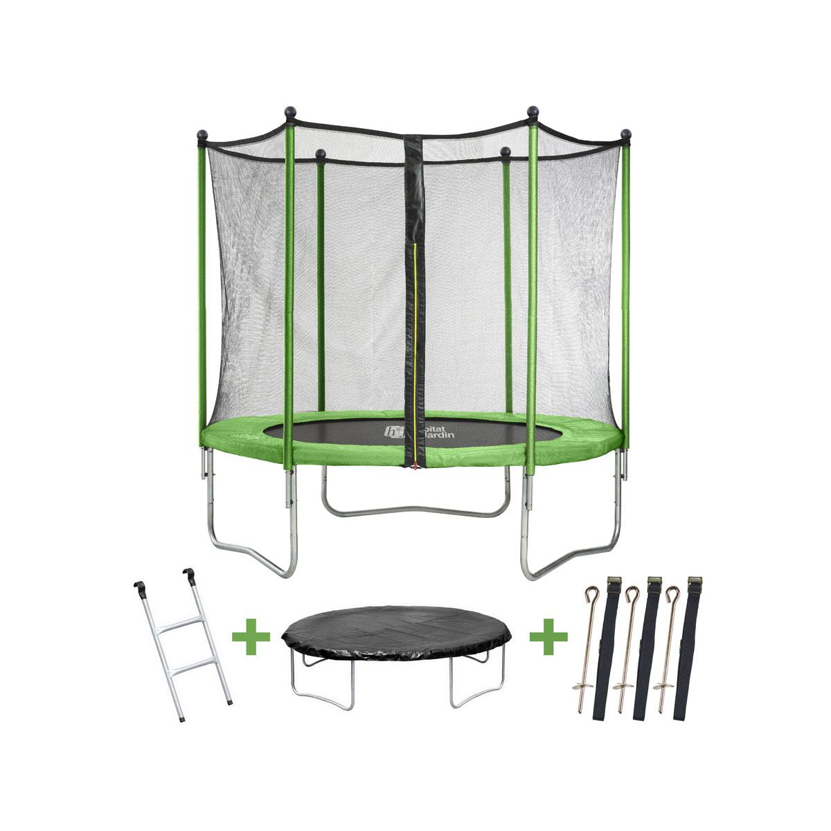 Habitat et Jardin Trampoline  Yoopi 2  - Ø 2.44 m - Avec filet + échelle + couverture + kit d'ancrage