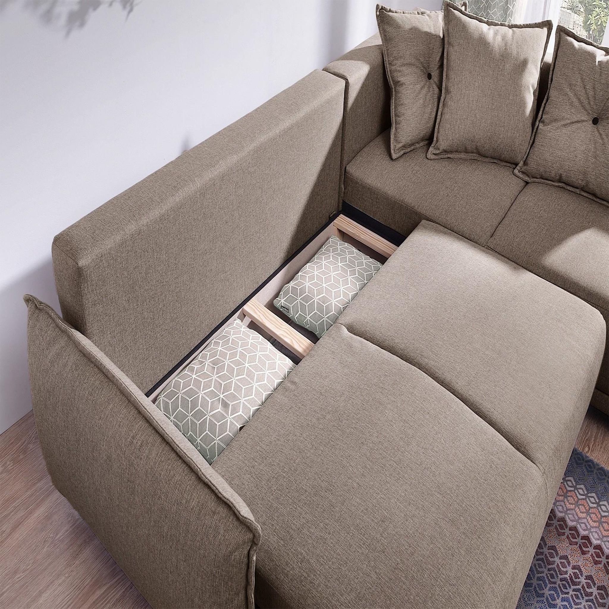 Voir la diapositive 3 : BEST MOBILIER Lena - canapé d'angle droit convertible- 5 places - latte - style scandinave - café latte