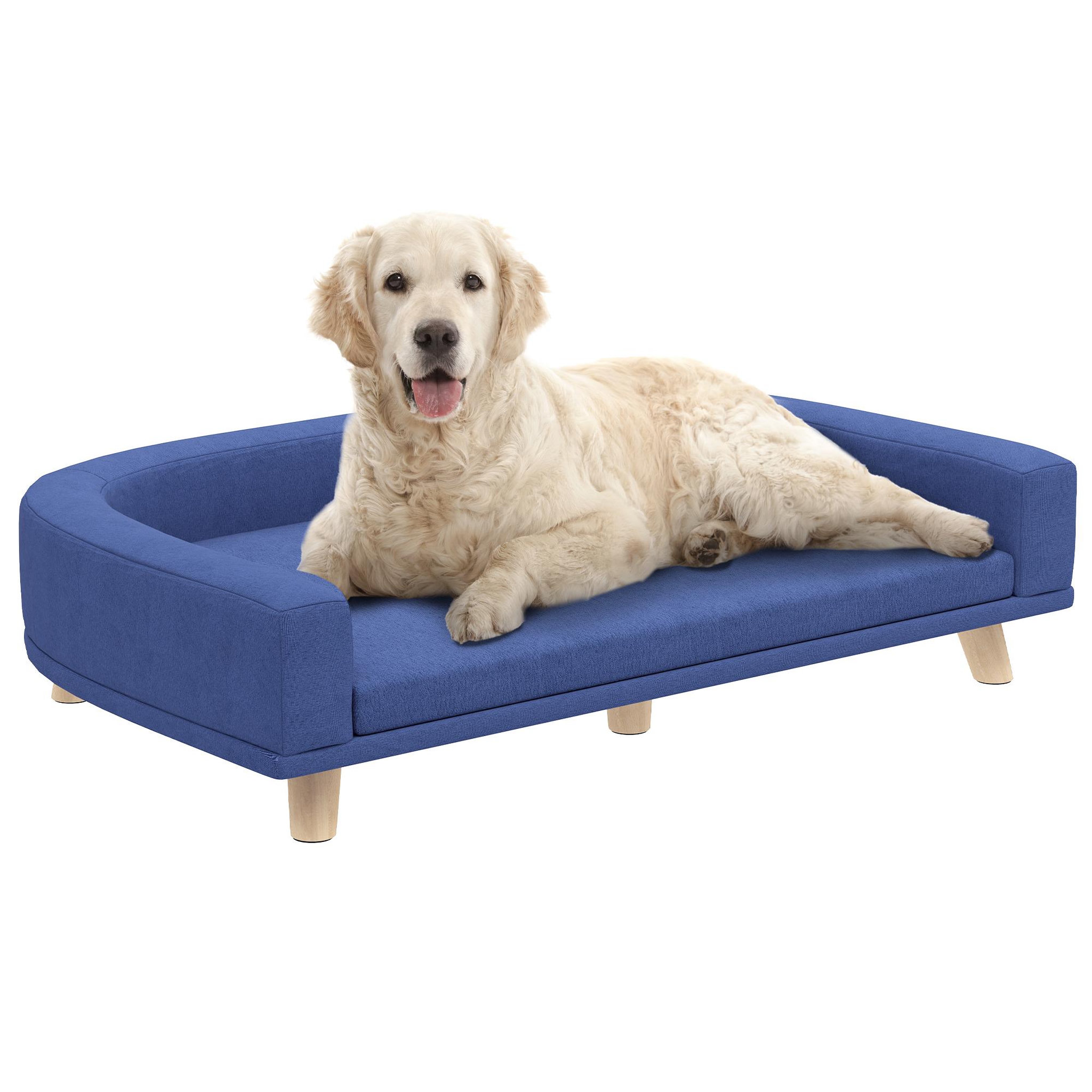 PAWHUT Canapé chien lit pour chien design scandinave coussin déhoussable dim 98l x 67l x 25h cm pieds bois tissu polyester bleu