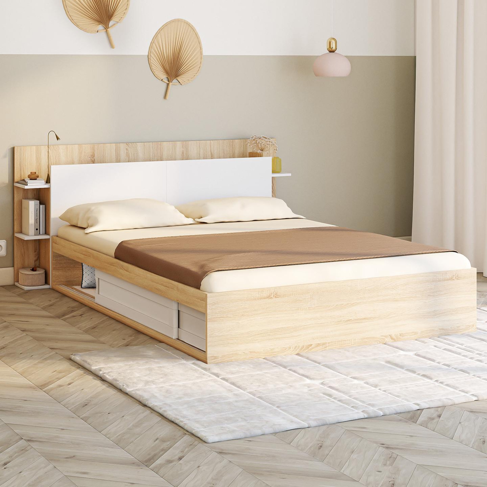 Voir la diapositive 2 : ID MARKET Lit double sari avec rangements, sommier et tête de lit 140 x 190 cm bois et blanc