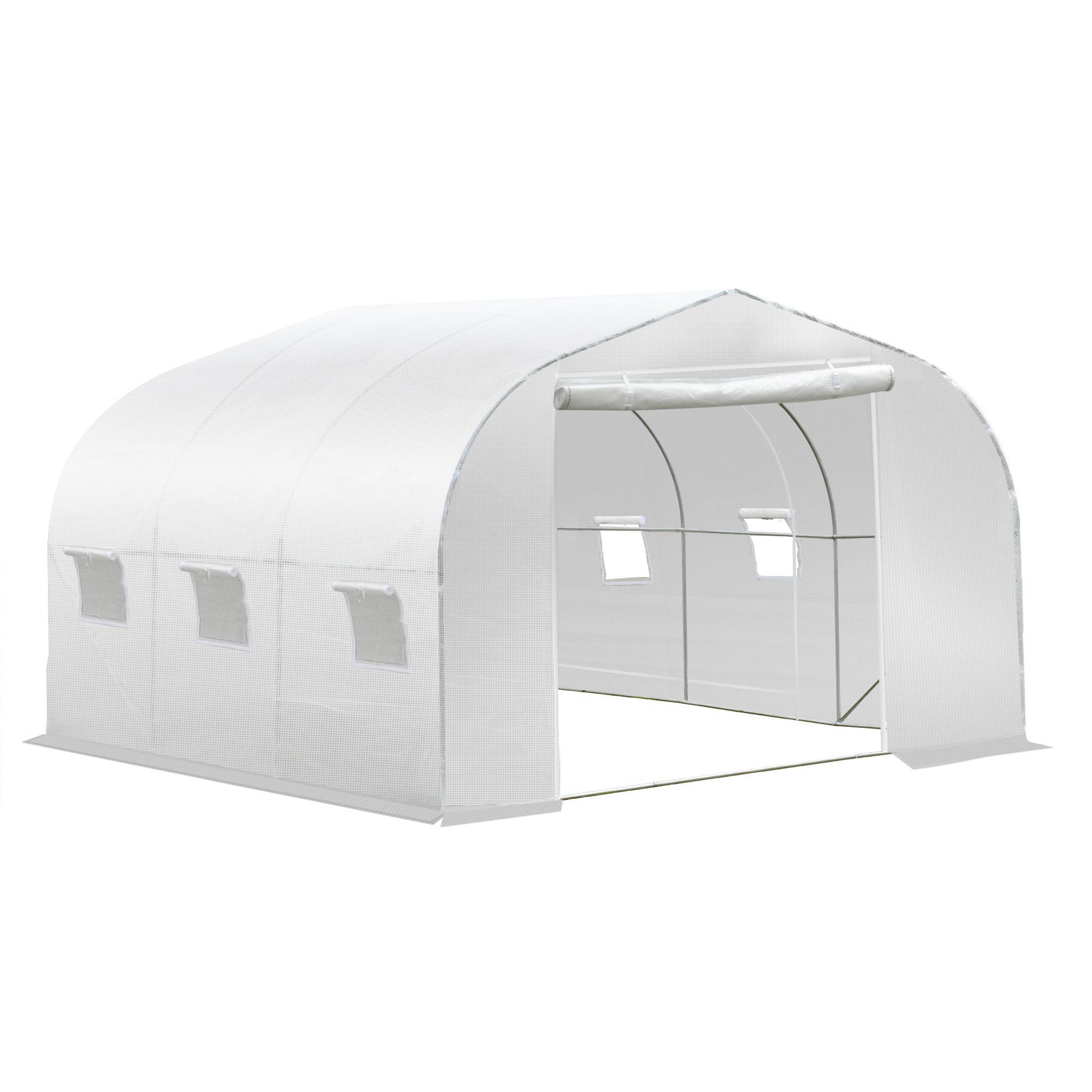 OUTSUNNY Serre tunnel de jardin dim. 3,5l x 3l x 2h m porte + 6 fenêtres enroulables acier galvanisé bâche pe haute densité blanc