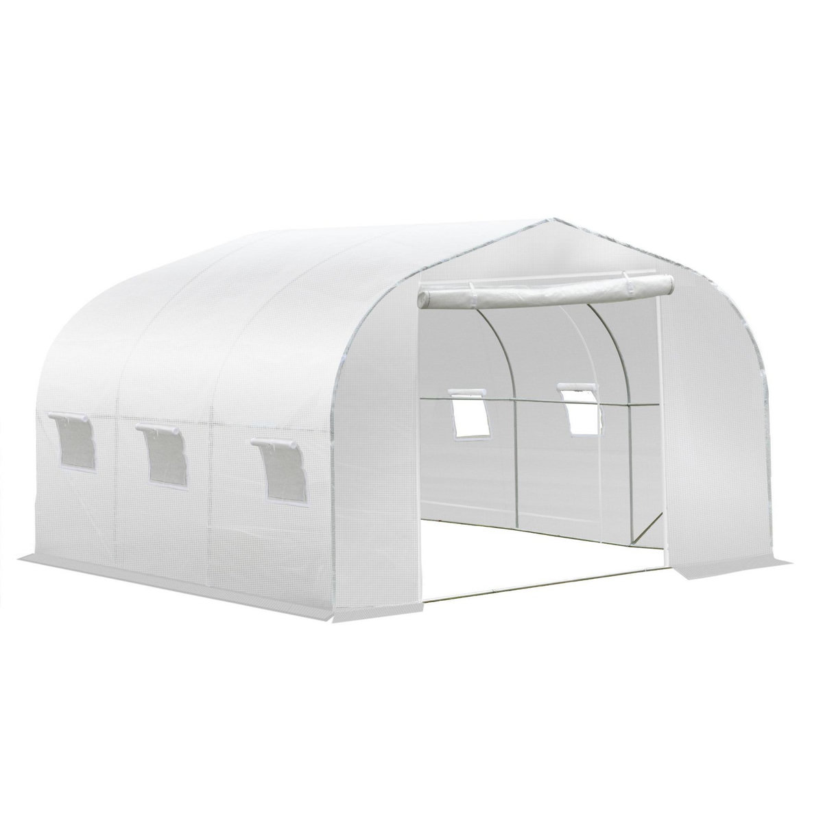 OUTSUNNY Serre tunnel de jardin dim. 3,5L x 3l x 2H m porte + 6 fenêtres enroulables acier galvanisé bâche PE haute densité blanc