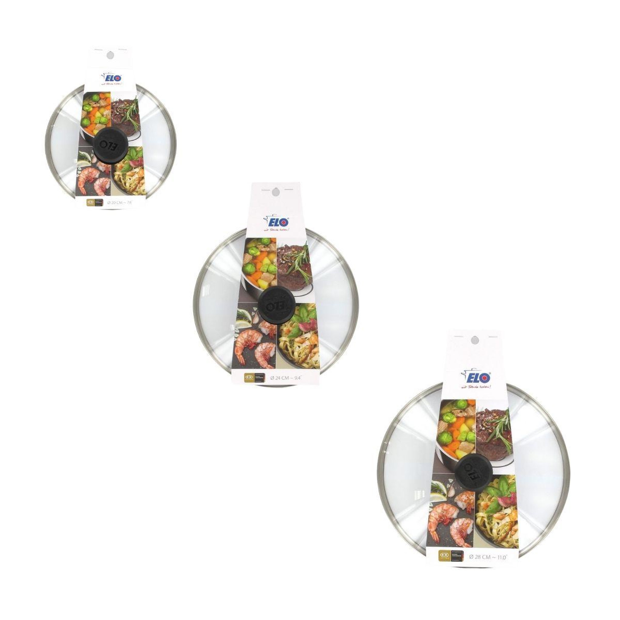 Voir la diapositive 5 : ELO Set de 3 couvercles de cuisson en verre 20 cm 24 cm et 28 cm Elo