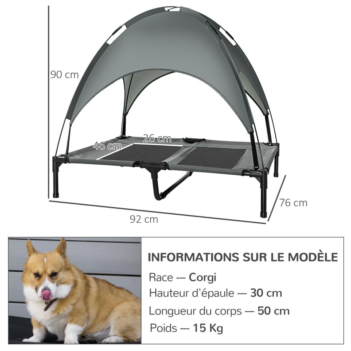 PAWHUT Lit pour chien chat sur pieds lit de camp lit surélevé rafraîchissant velum anti-UV Oxford micro-perforé parasol et sac de transport inclus dim. 92L x 76l x 90H cm gris noir