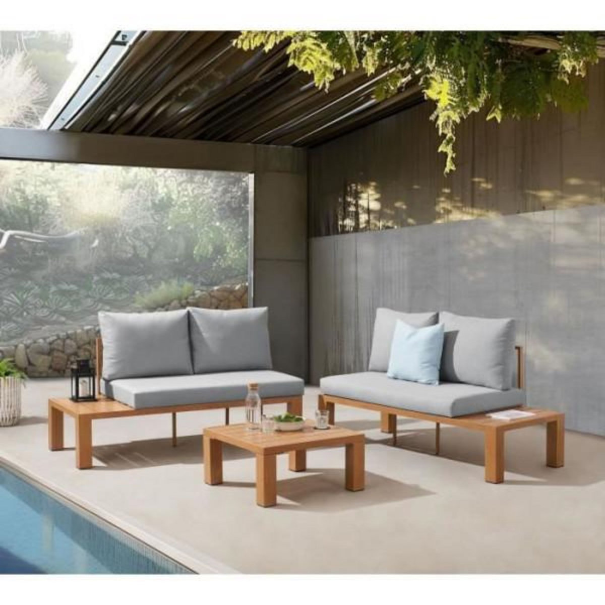 MARKET24 Salon de jardin canapé d'angle - Aluminium effet bois - 4 personnes - Gris perle