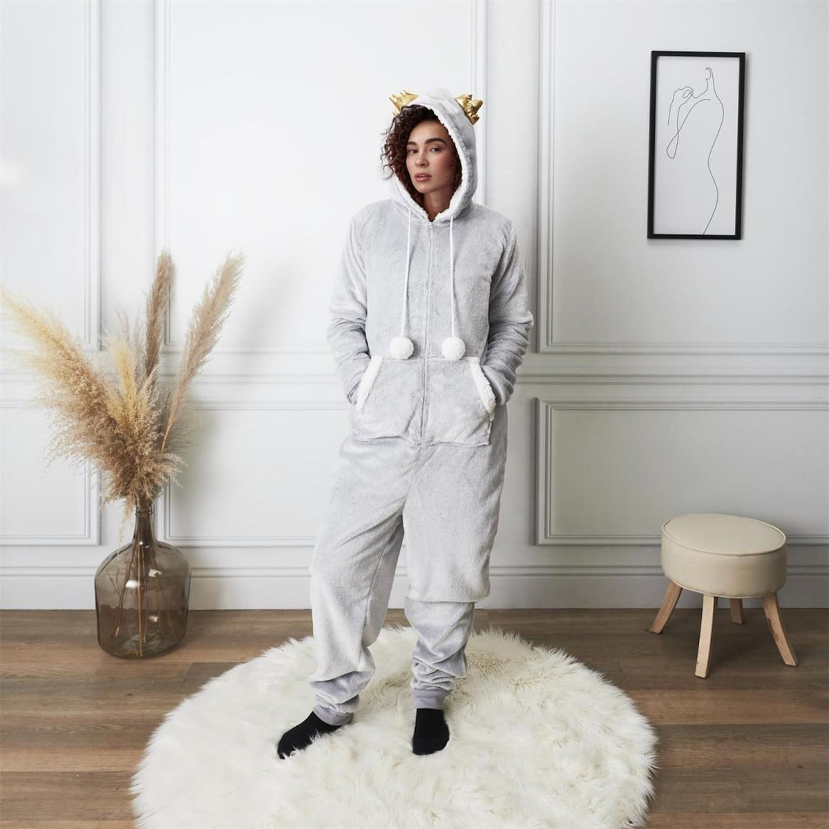 Paris Prix Combinaison Pyjama Adulte  Hibou  Gris