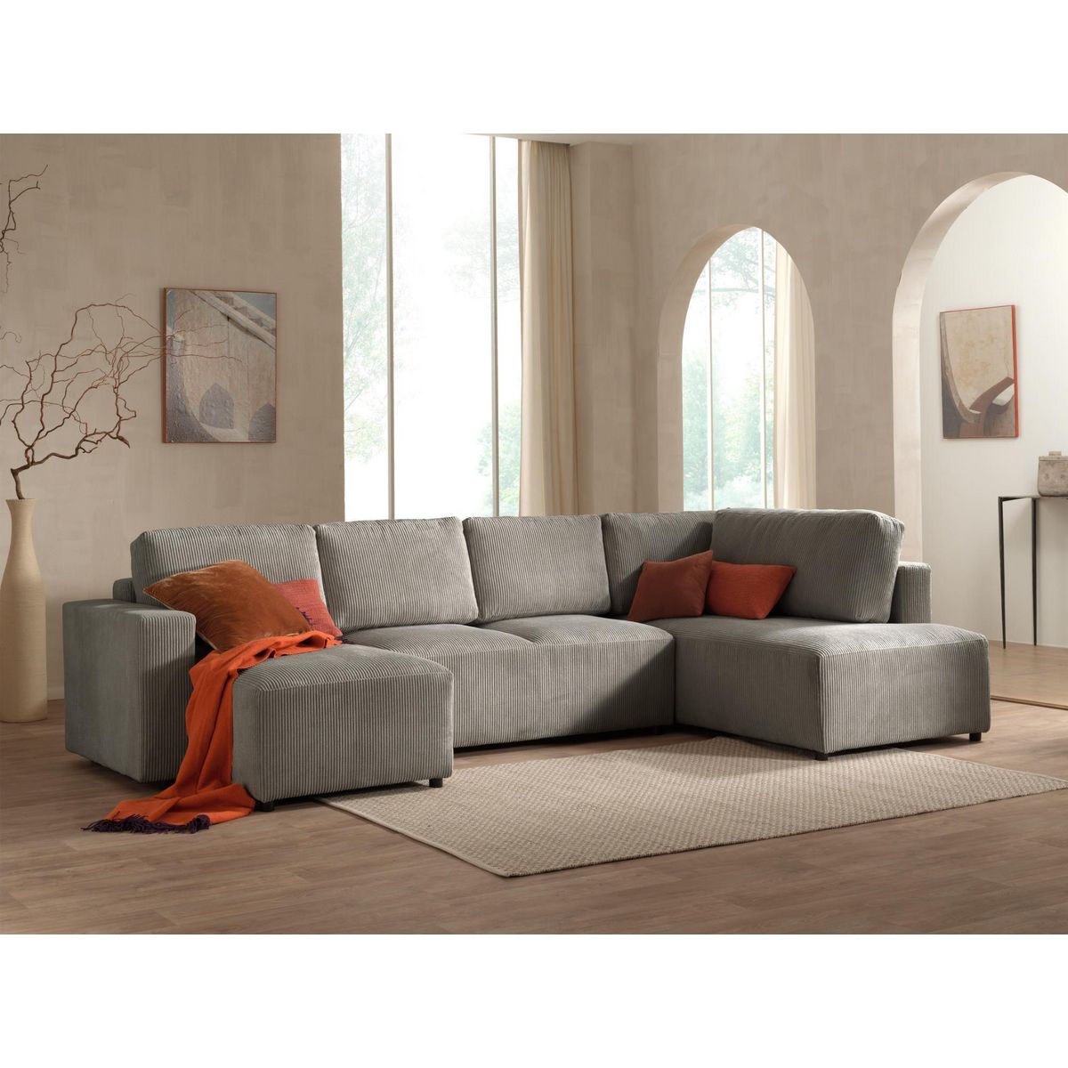 LISA DESIGN Livy - canapé panoramique convertible - avec coffre - en velours côtelé - 7 places - droit